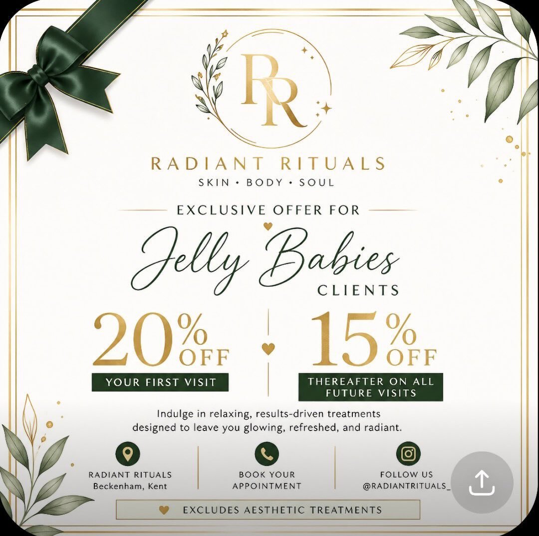 We have been offered a brilliant discount by Radiant Rituals, a baby friendly, Beckenham-based home beauty salon.

Just mention that you are a Jelly Babies client to receive your discount.

#beckenham #beautysalons #supportsmallbiz #supportlocal