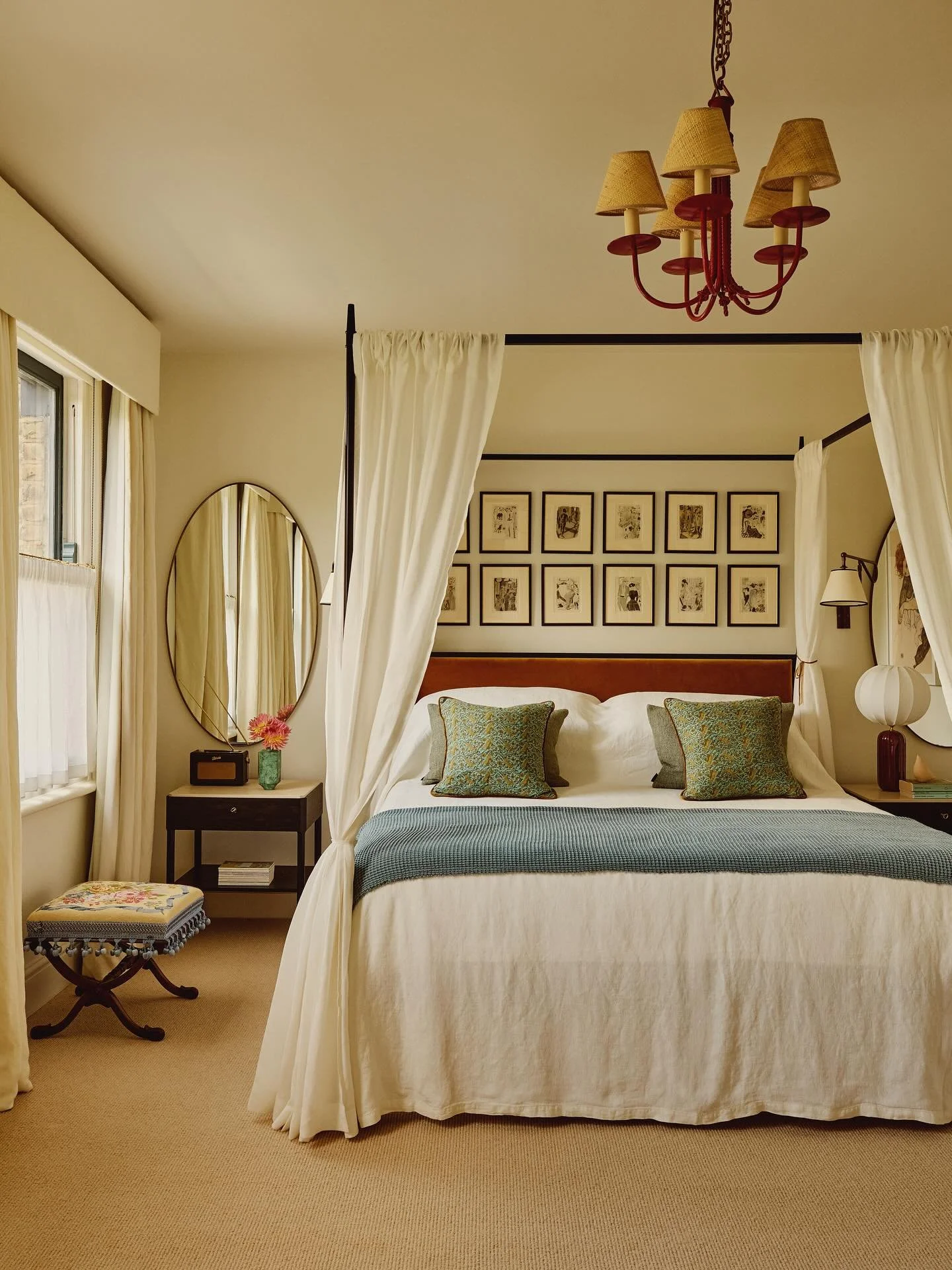 The Master Bedroom at my recent West London project for Michelle Dockery and her husband, as featured by @archdigest. We kept this space calm and serene, with pops of soft tones of teals &amp; ochres with bespoke joinery in a fresh celadon 🌱🍂

Slid