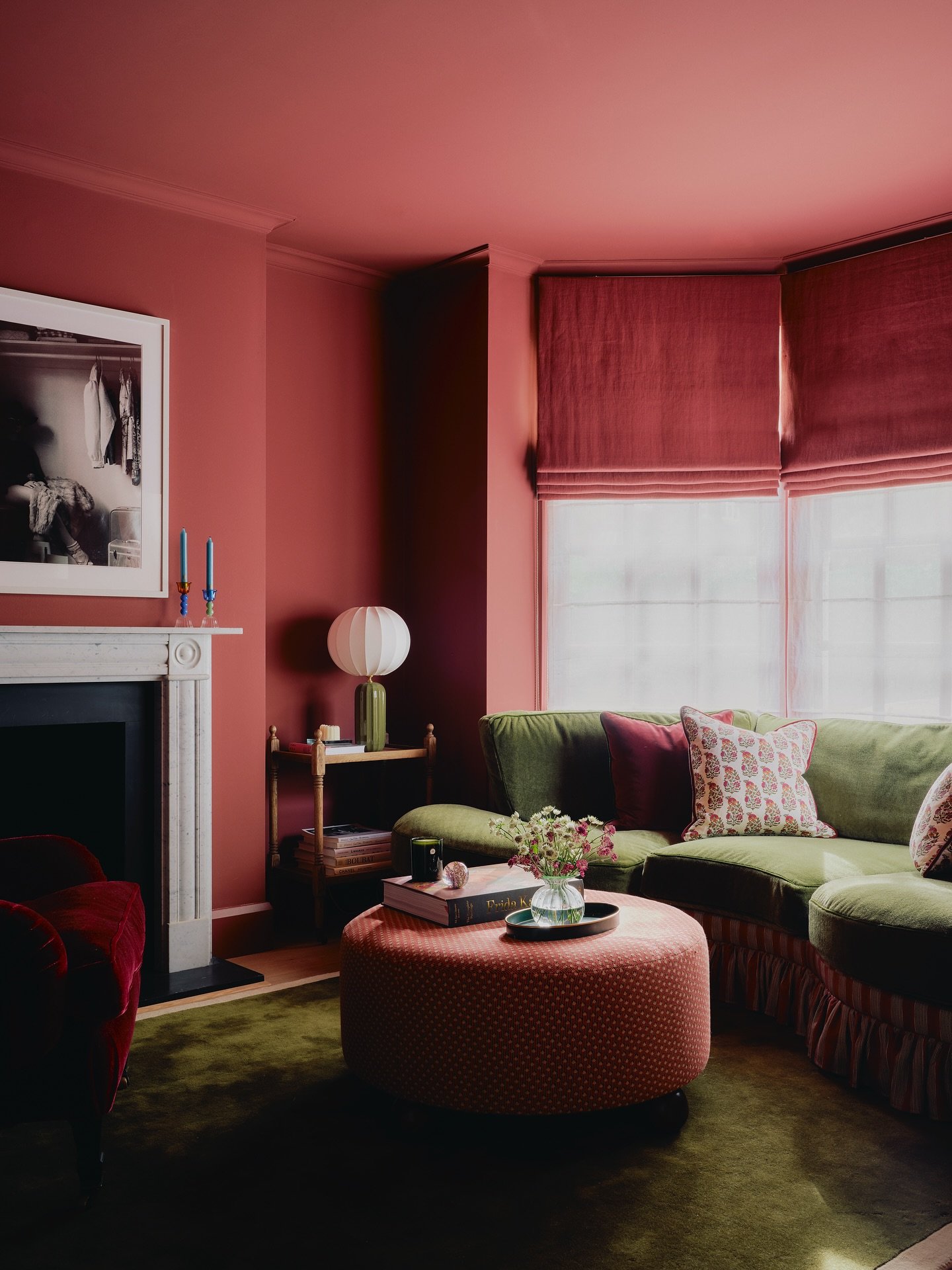 This cosy snug in my recent Chelsea project has been getting a lot of love since its feature with @houseandgardenuk 🍇🍐! I don&rsquo;t typically go this rich on the walls of a space but we lent into the small space and colour drenched the room in Po