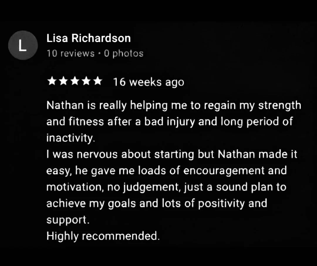 Screenshot of a review by Lisa Richardson about Nathan, who helps her regain strength and fitness after an injury. The review includes a five-star rating and mentions Nathan's encouraging approach and support, recommending his services.
