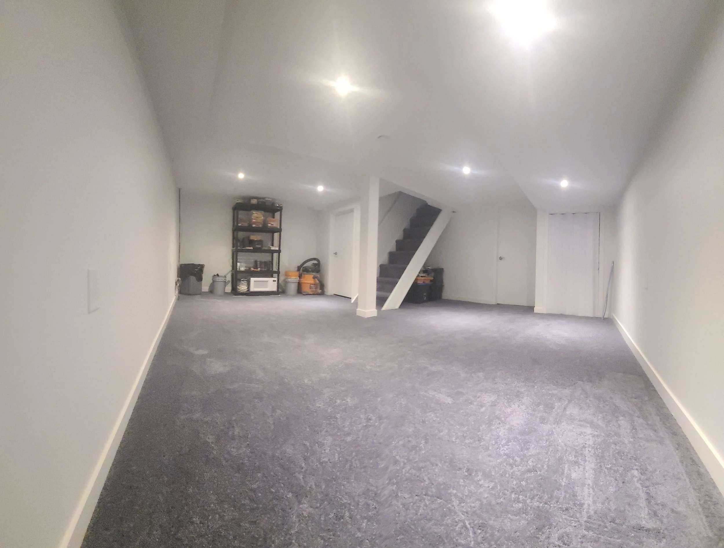 Empty basement room with gray carpet, white walls, ceiling lights, a black shelving unit, storage bins, and stairs leading to an upper floor.