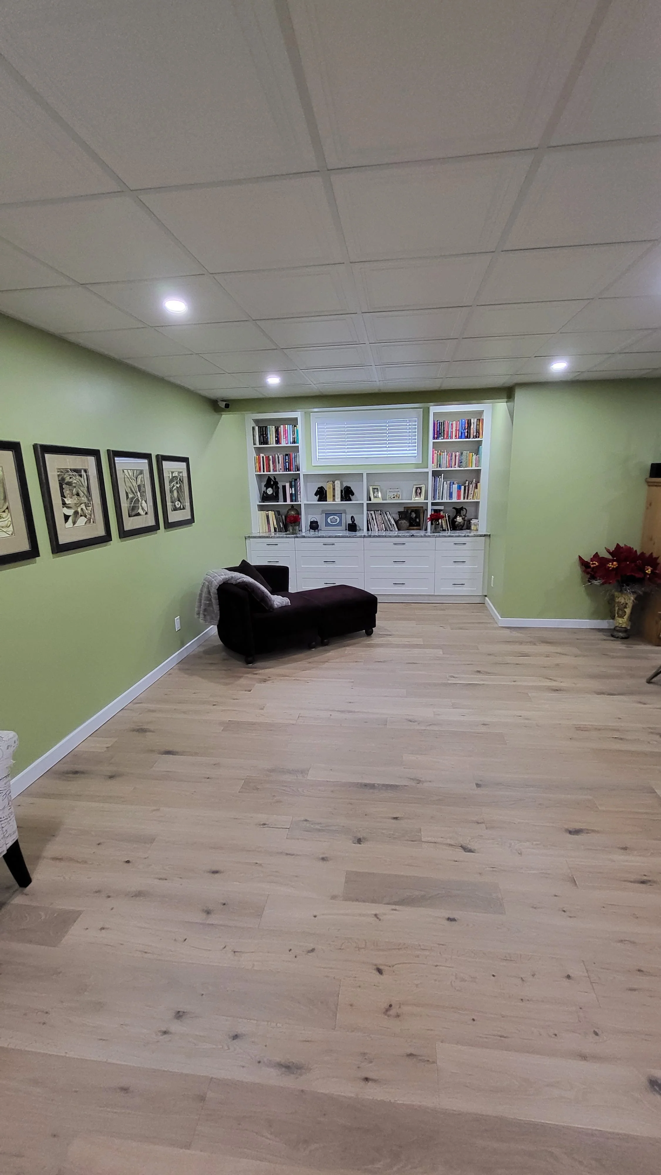 Empty living room with green walls, black chaise lounge, white built-in bookshelf, framed artwork, and light wood flooring.  Basement Renovation, hardwood floors, construction, drywall contractor, painter, framer, cabinet installer