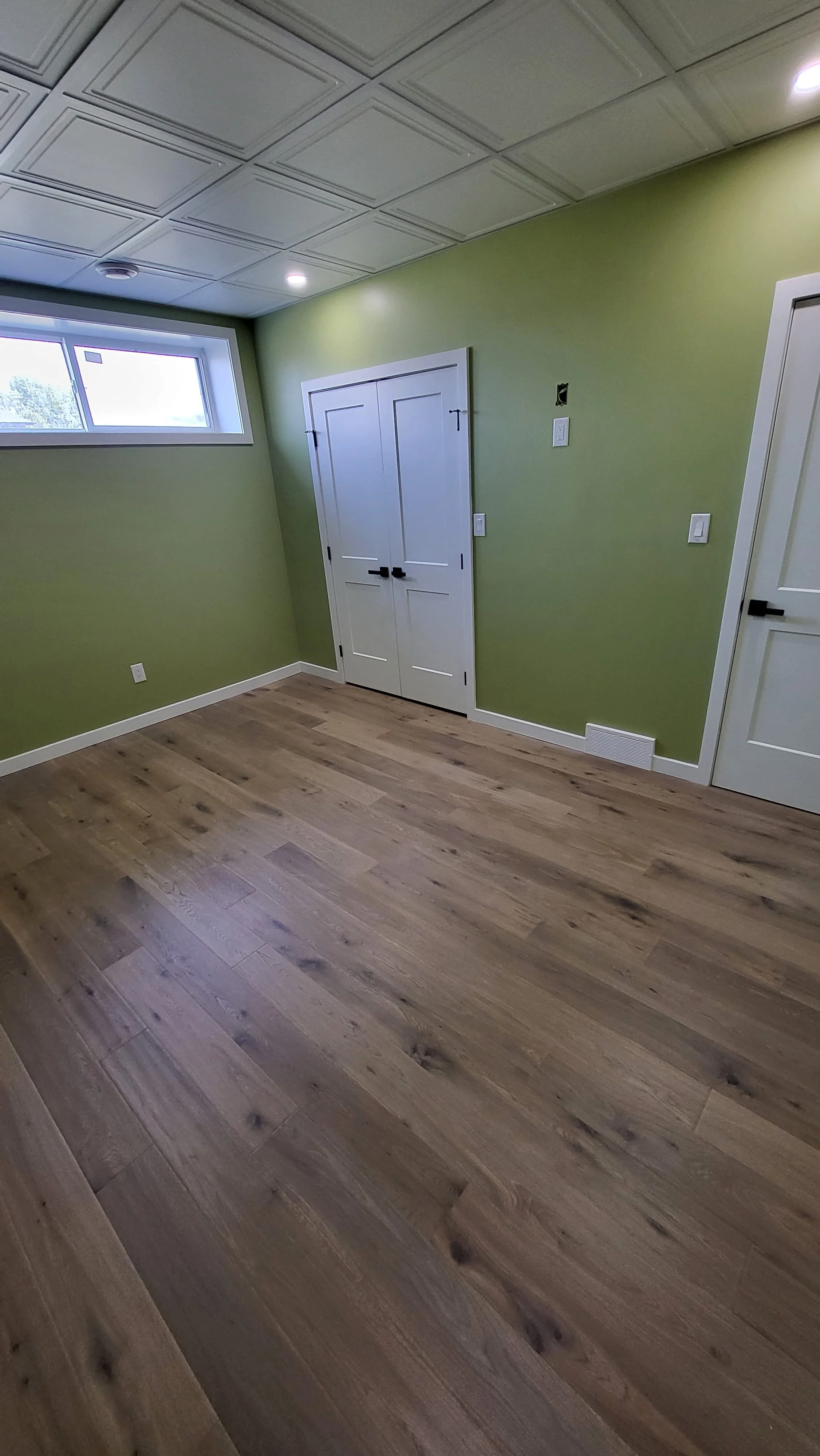 An empty room with light green walls, light wood flooring, a white ceiling with grid pattern, a small window, two white doors with black handles.  Basement Renovation, hardwood floors, construction, drywall contractor, painter, framer
