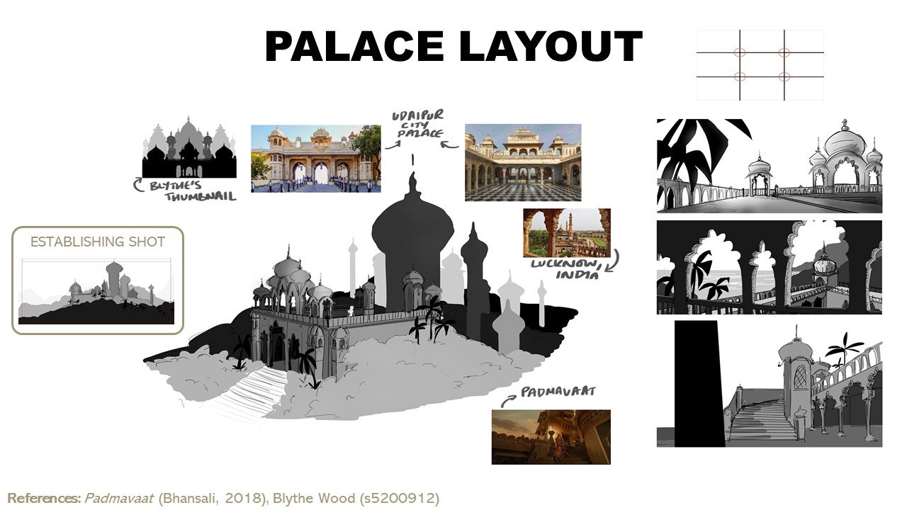  Final palace layout, taking influence from Indian architecture. Ensured it worked geographically with the storyboards. 