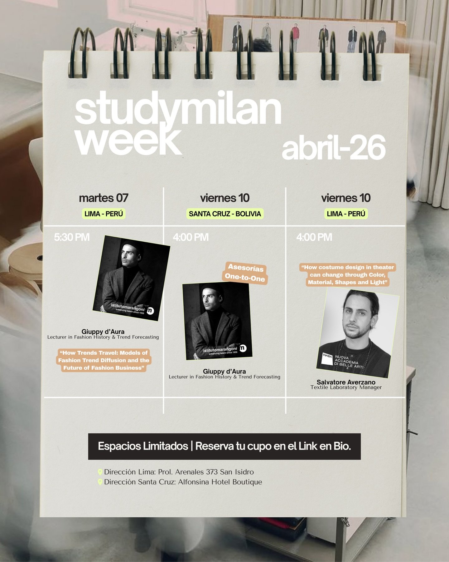 Studymilan Week | Abril 2026 ✨
Una semana dedicada a la educaci&oacute;n internacional en moda, creatividad, dise&ntilde;o &amp; business.

Profesores de @istitutomarangoni y @naba compartir&aacute;n presentaciones y encuentros exclusivos en el Study