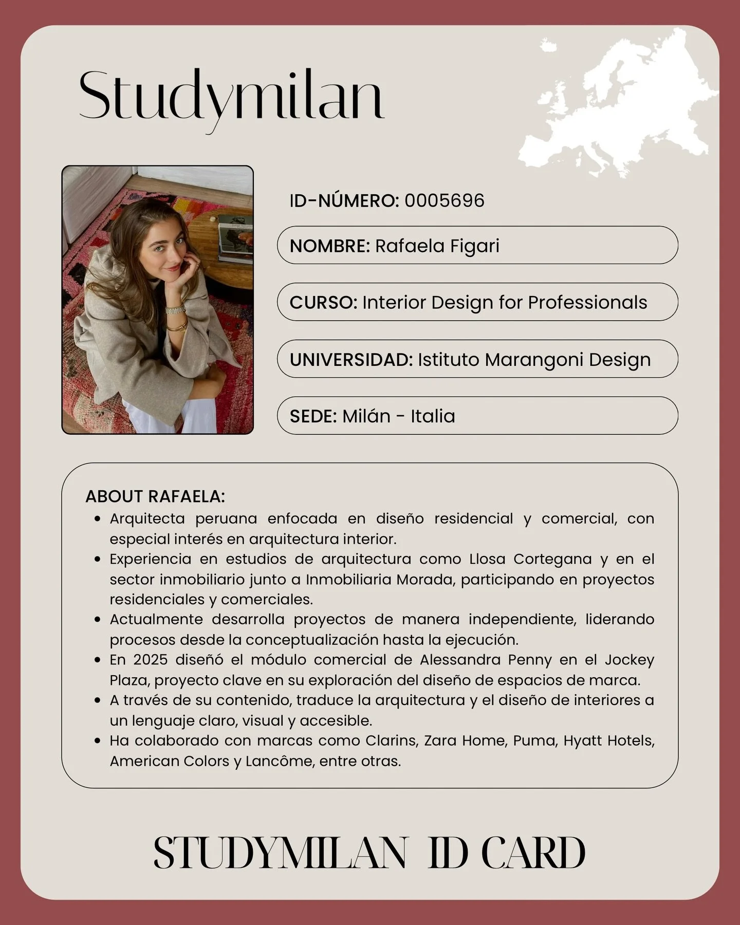 Meet our StudyMilan ID Card series ✨🪪 Un espacio para destacar a nuestros alumni @studymilan alrededor del mundo 🌎 sus trayectorias profesionales y proyectos 🫂💌

Hoy presentamos a @rafaelafigari.arq : Arquitecta y creadora de contenido peruana. 
