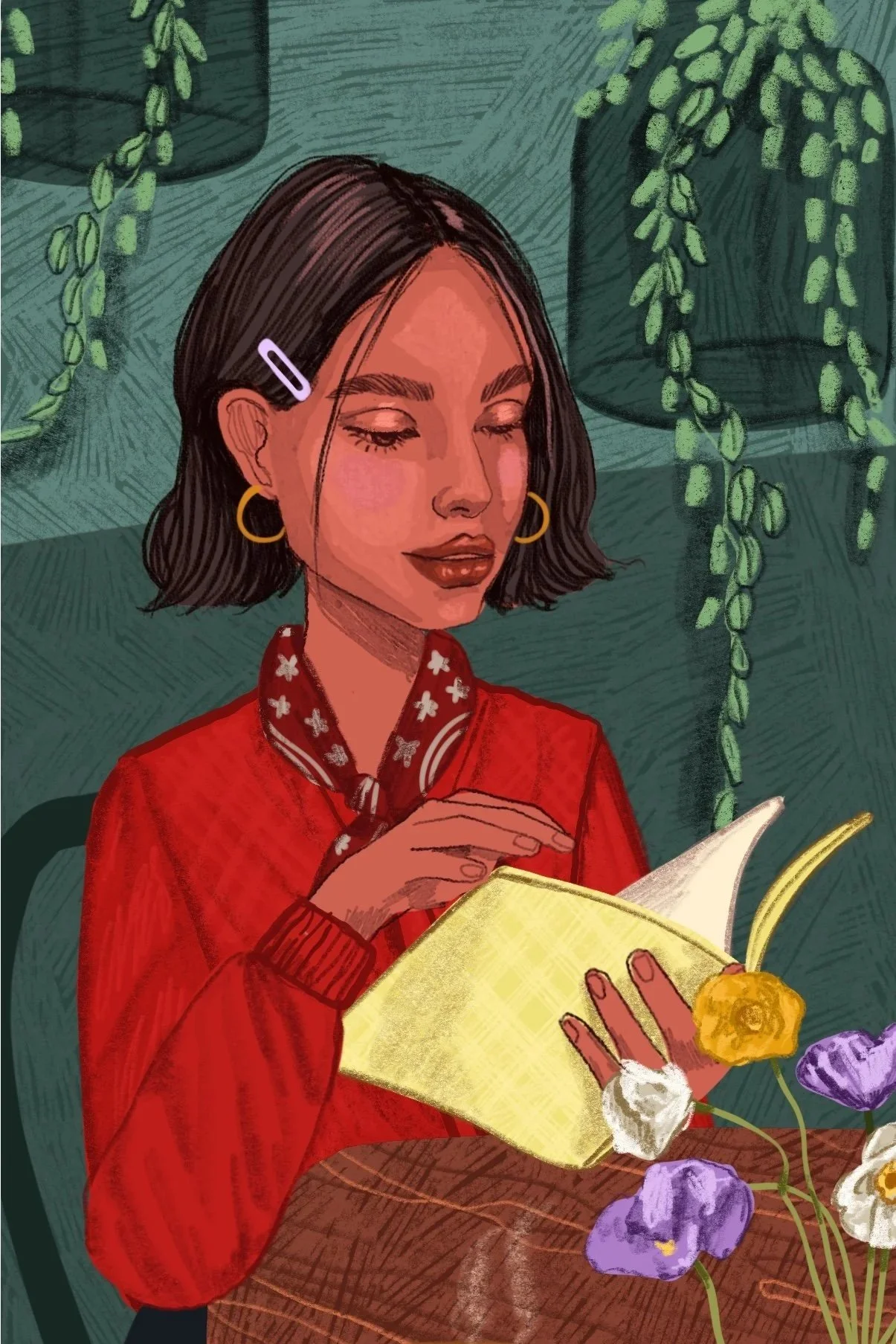 Ilustración de una mujer con cabello corto y oscuro, usando una chaqueta roja, una bufanda con estampado de estrellas, y pendientes de aro, leyendo un libro en un ambiente decorado con plantas y flores.