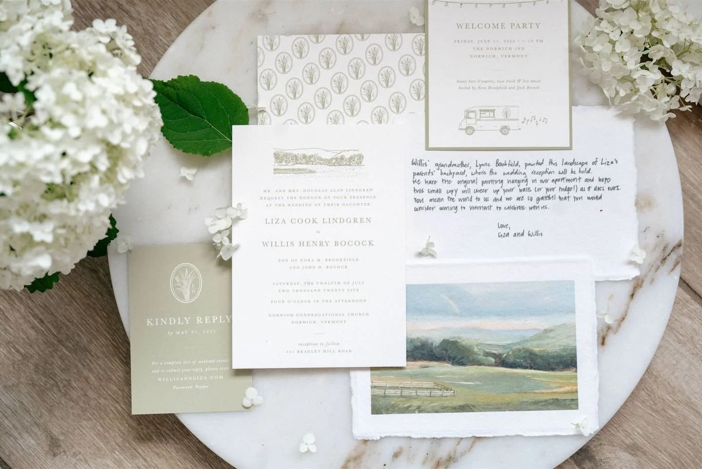 My favorite element of Liza &amp; Willis&rsquo; suite was the beautiful oil painting that Willis&rsquo; grandmother painted. We printed it on handmade paper as a gift to guests with a hand written note to guests on the back. Truly, the most thoughtfu