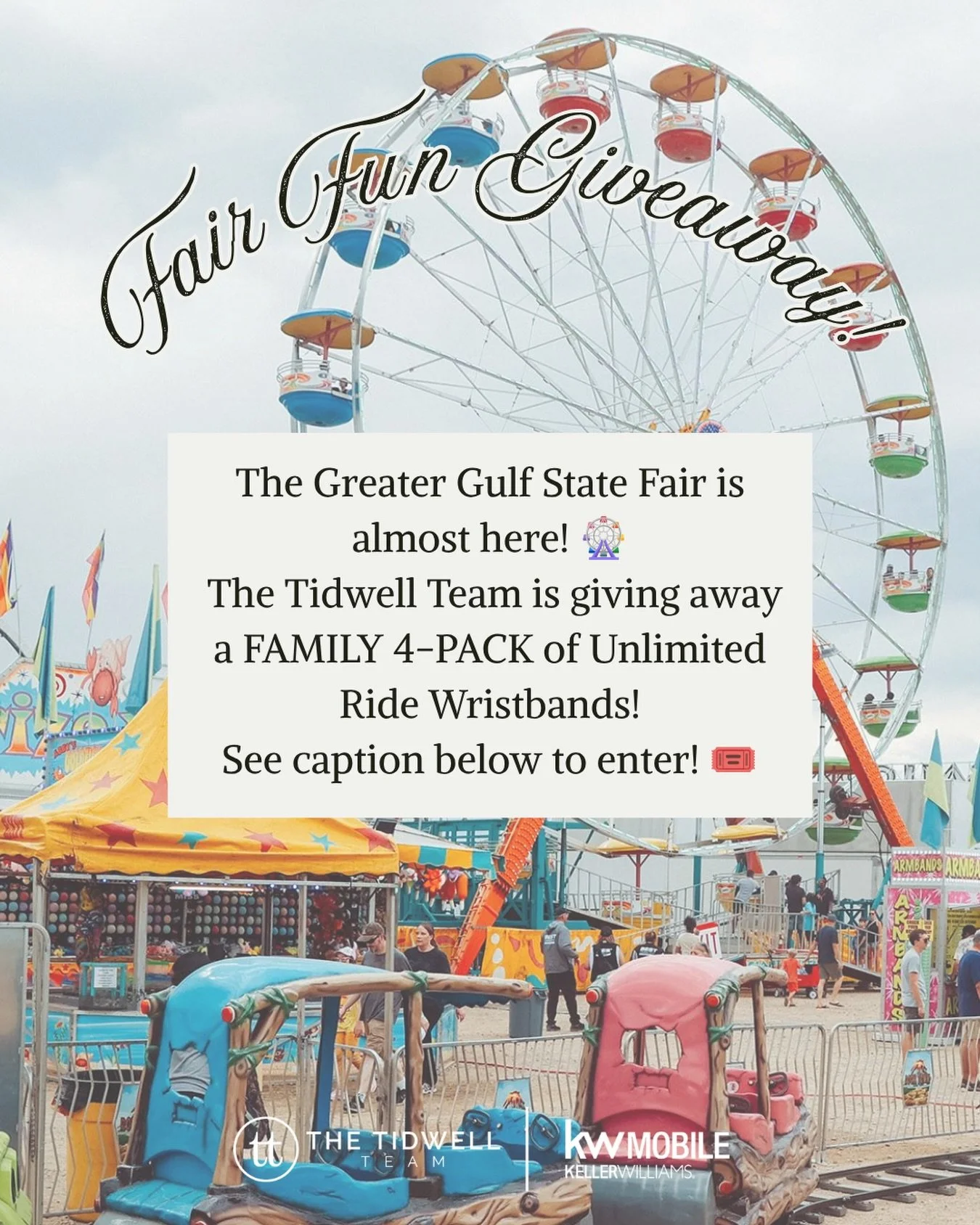 🎡FAIR FUN GIVEAWAY! 🎡

The Greater Gulf State Fair is almost here, and The Tidwell Team is giving away 4 UNLIMITED RIDE WRISTBANDS to one lucky winner! 🎢✨

HOW TO ENTER:
🎟️ Follow The Tidwell Team on BOTH Facebook &amp; Instagram
🎟️ Share this p