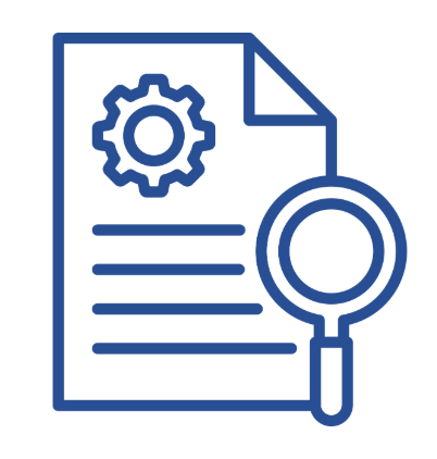 En ikon av et dokument med en forstørrelsesglass og et tannhjul, som symboliserer dokumentasjon eller undersøkelse av systeminnstillinger.