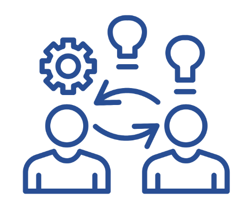 Tegning av to personer som utveksler ideer med lyspærer over hodene og en tannhjul, symboliserer samarbeid og innovasjon.