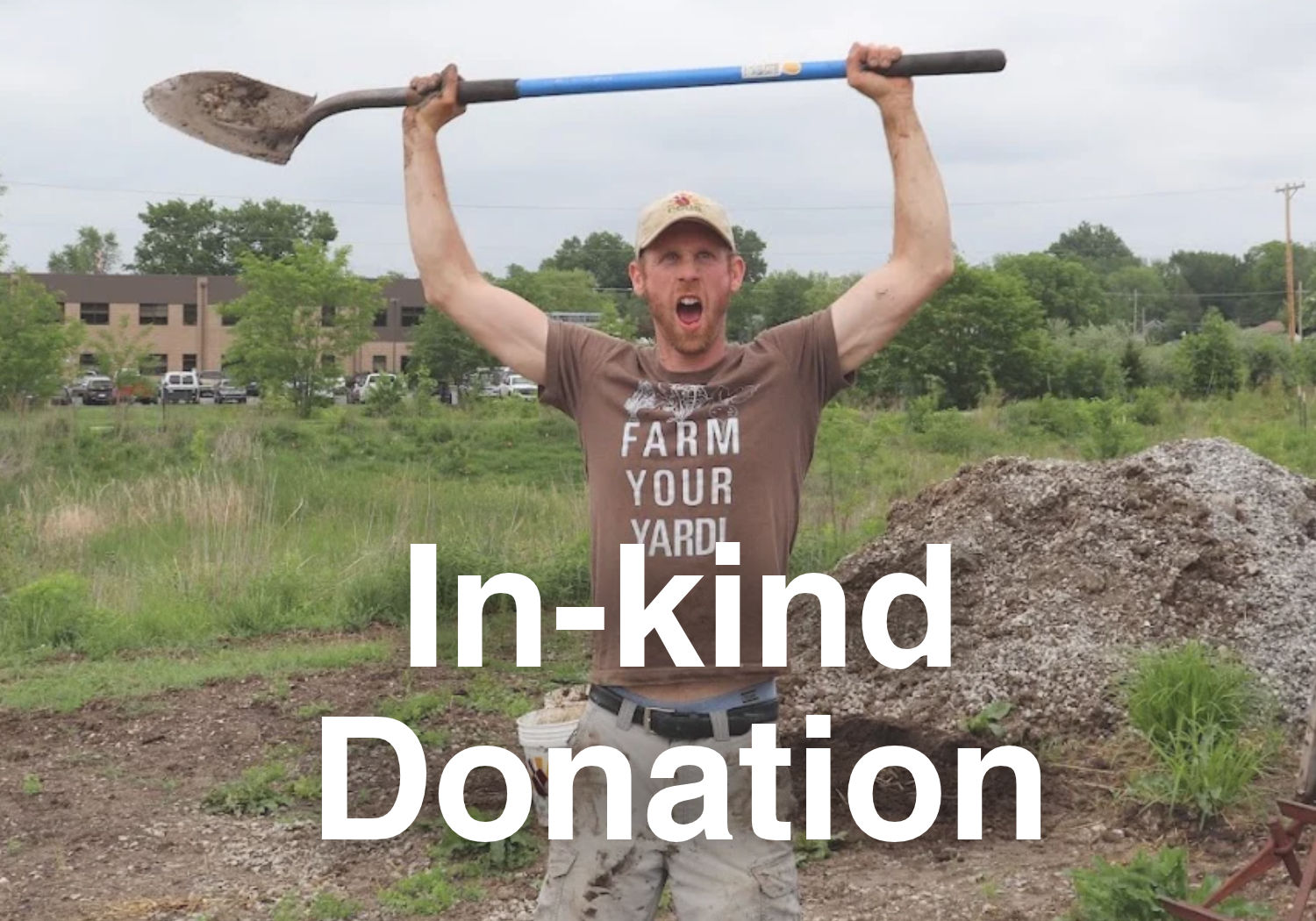 Text reads "In-kind Donation" with clickable image featuring a CCUA staff member raising a shovel triumphantly. Link takes the reader to more information on the topic.