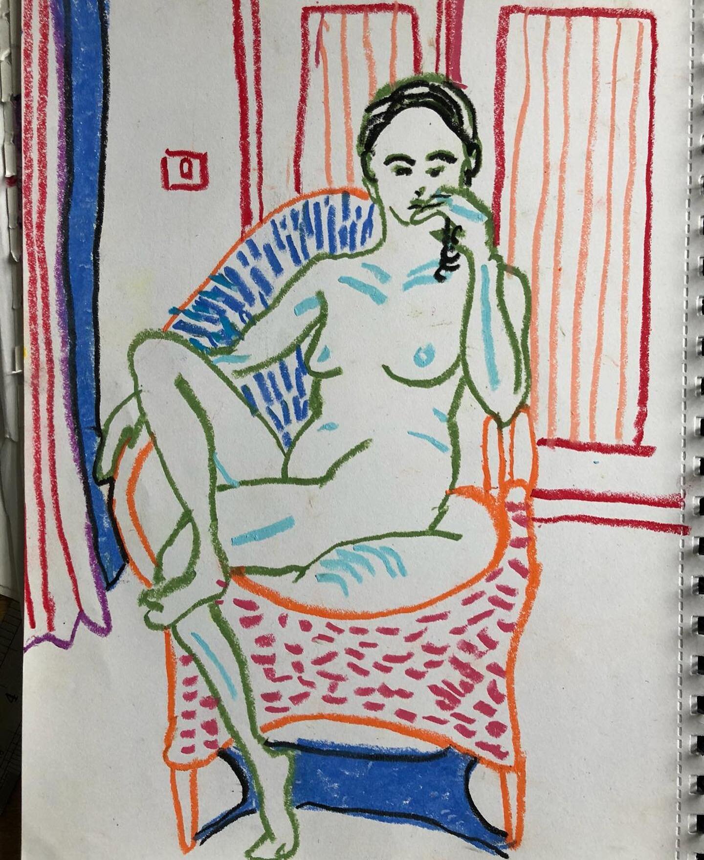 Another lovely colourful one from @jacekzmarz ~ this is Abi from lockdown 1 who I&rsquo;m excited will be modelling again for us this evening 6.30-8.30 DM to join the class ! 

#life #drawing #line #woman #class #community #pen #colour #interior