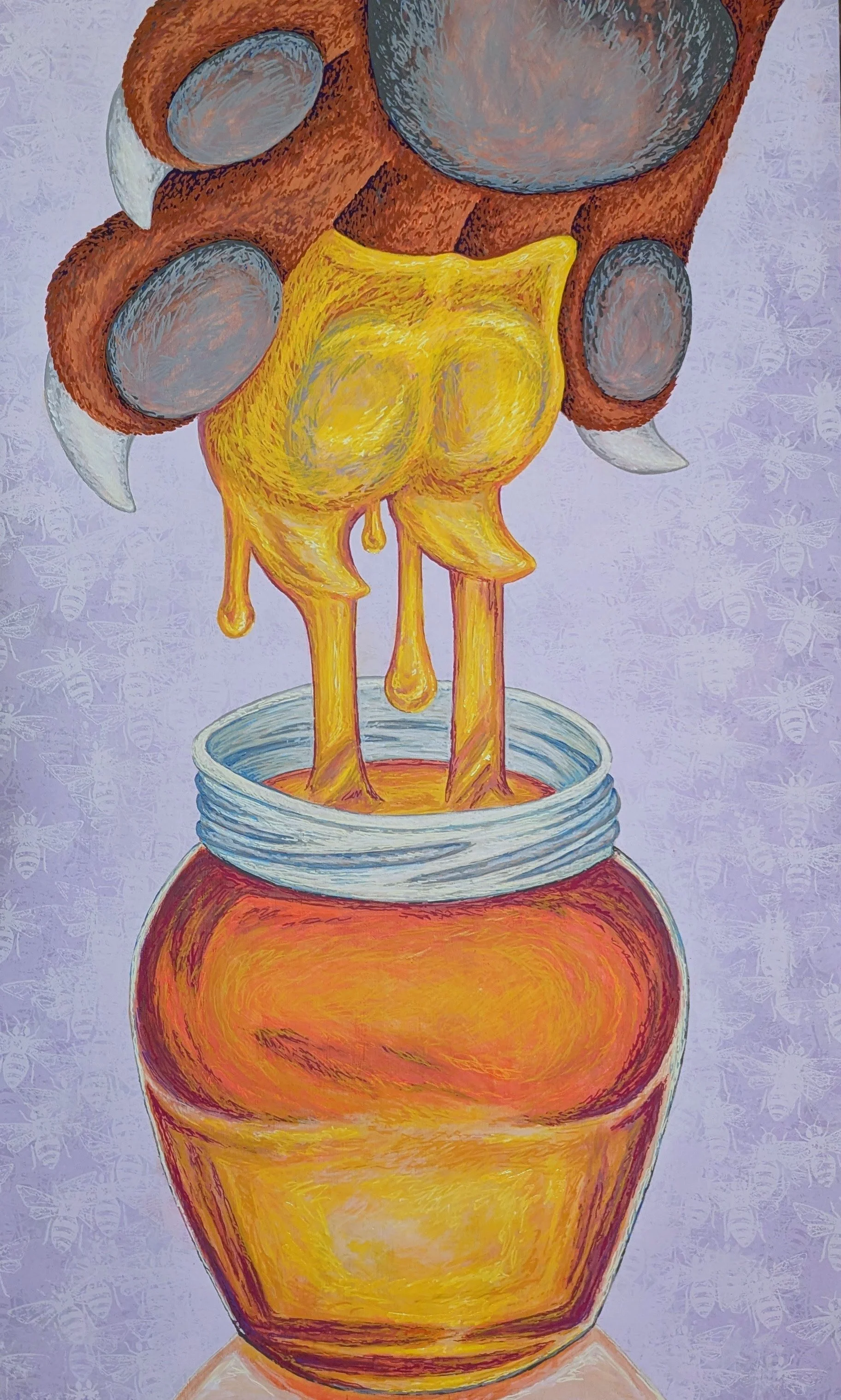 Paw in the Honey Pot - 2025, silkscreen printing, paint, marker, 16” x 26”