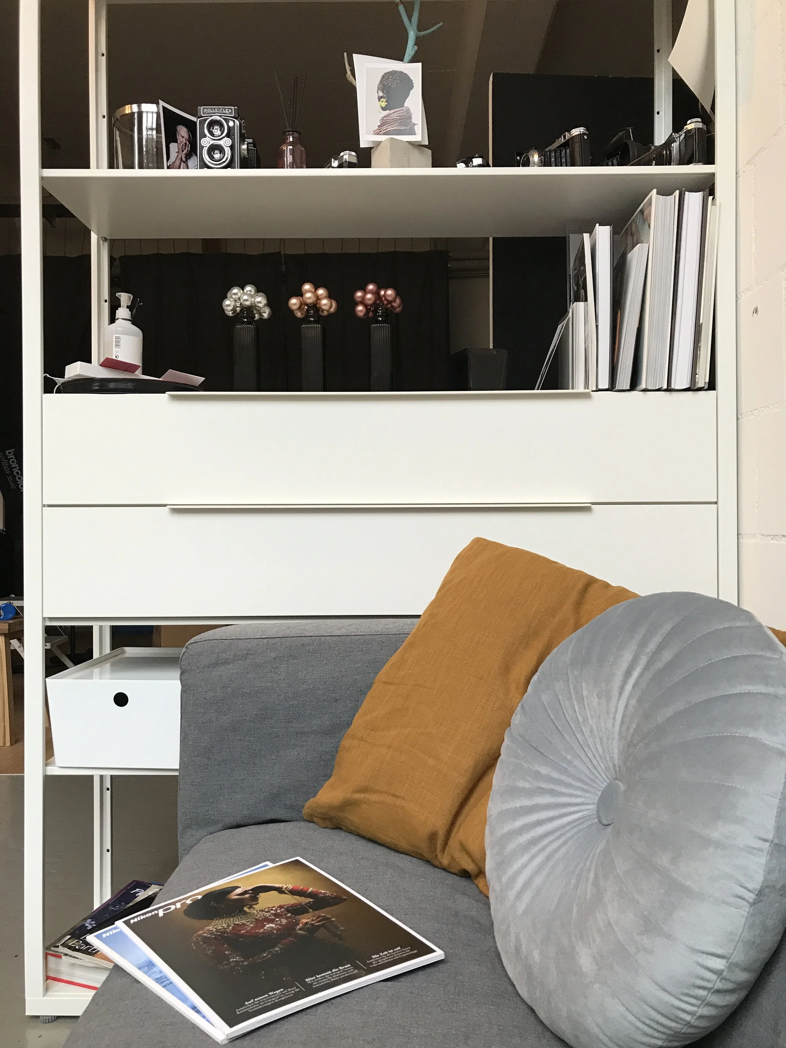 Wohnzimmersofa mit orange- und grauem Kissen, Zeitschriften liegen darauf, Bücherregal im Hintergrund mit Dekorationsgegenständen, Bildern und Büchern.