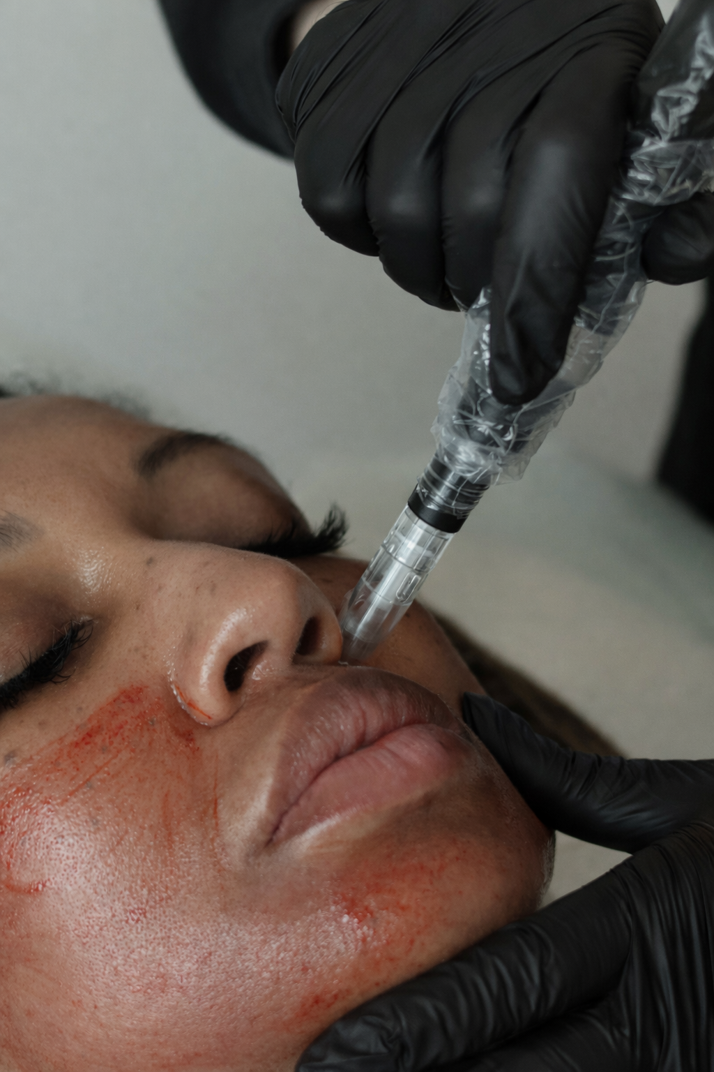 Close-up of a woman's face in profile, showing her eye, nose, lips, and cheeks, with curly hair and an earring.