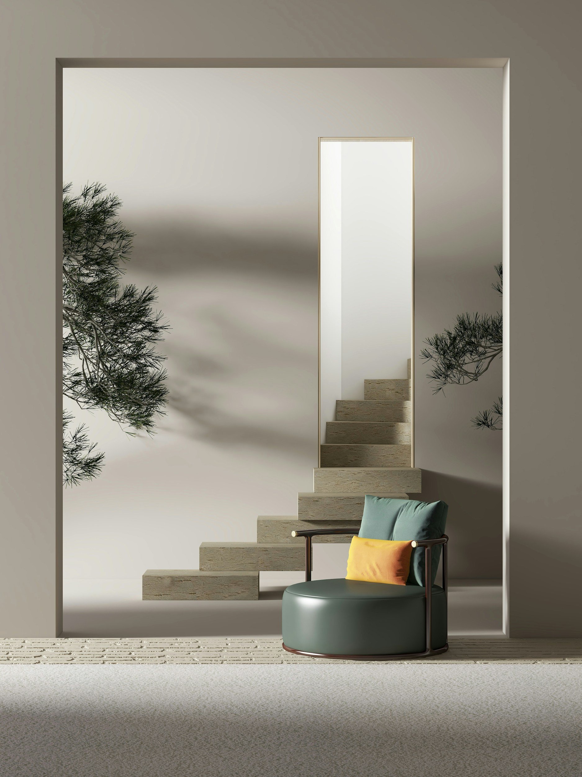 Minimalist interior scene featuring a modern lounge chair with teal and yellow pillows, a staircase behind it, and a wall with shadowed branches.