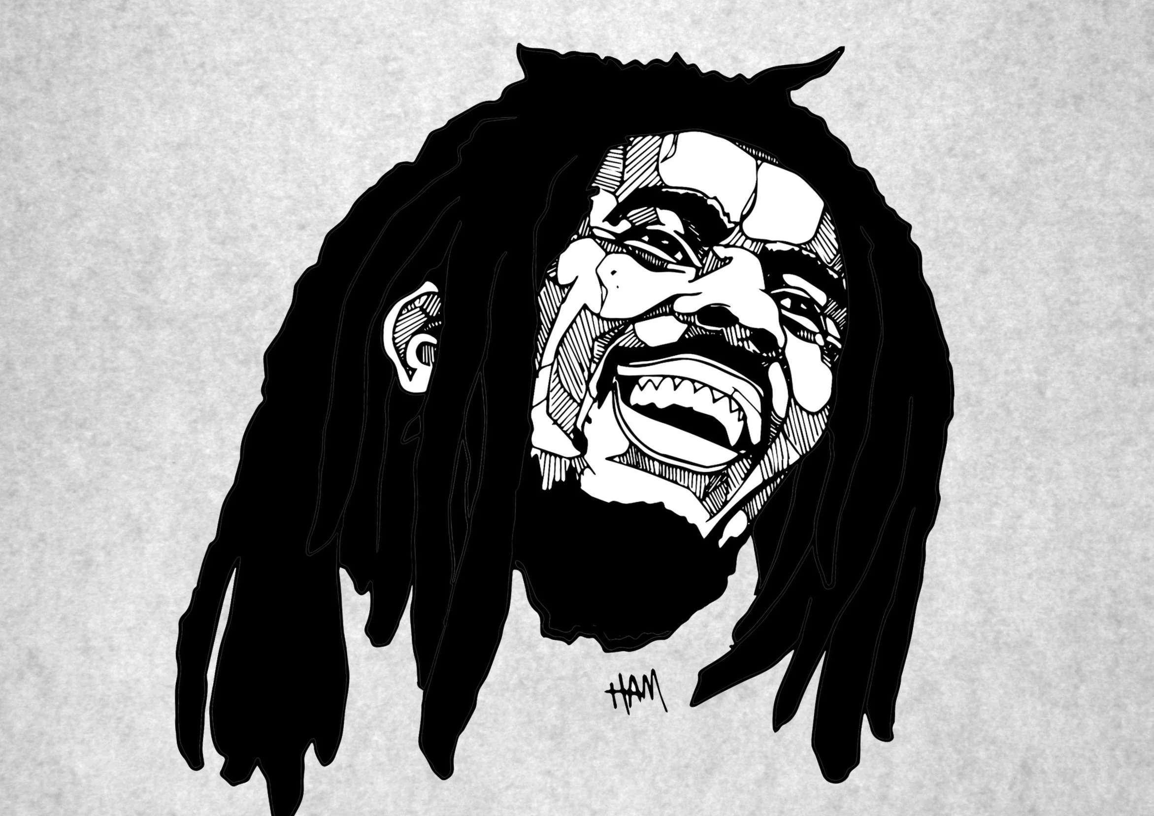 Black and white illustration of a smiling man with dreadlocks on a textured background.