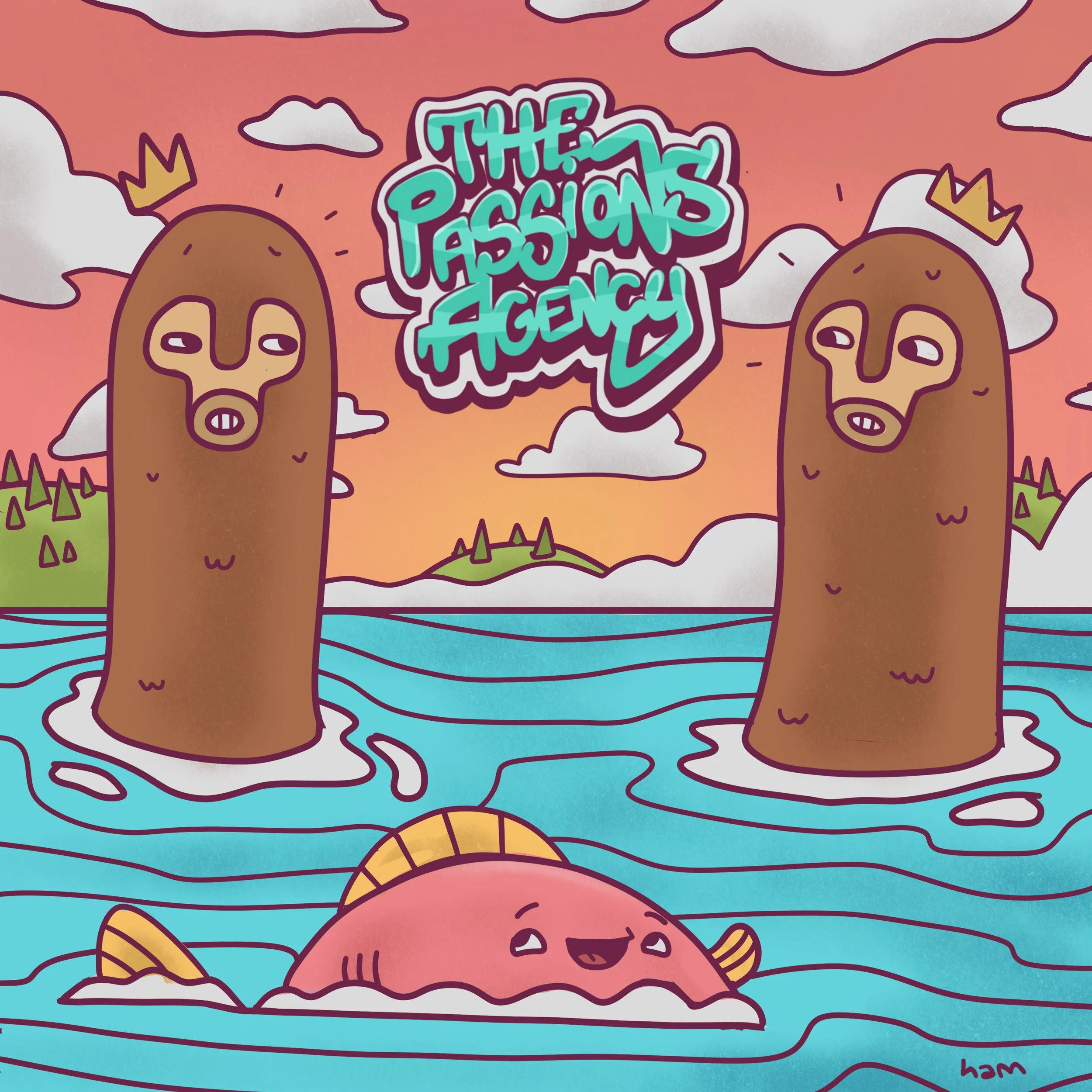 Illustration of two crowned, totem-like figures in water with a smiling fish and the text 'The Passions Agency' in a colorful, cartoon style.