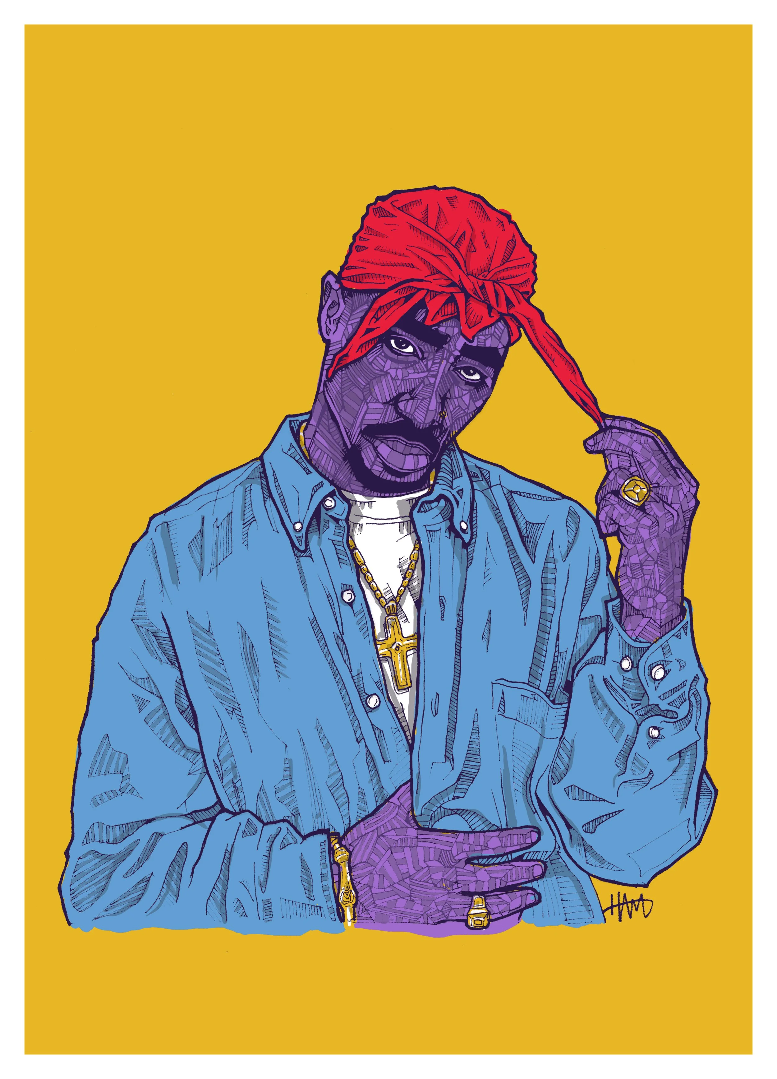 Illustration of a person with purple skin, wearing a red headwrap and blue shirt, against a yellow background. They have gold jewelry, including necklaces and rings.