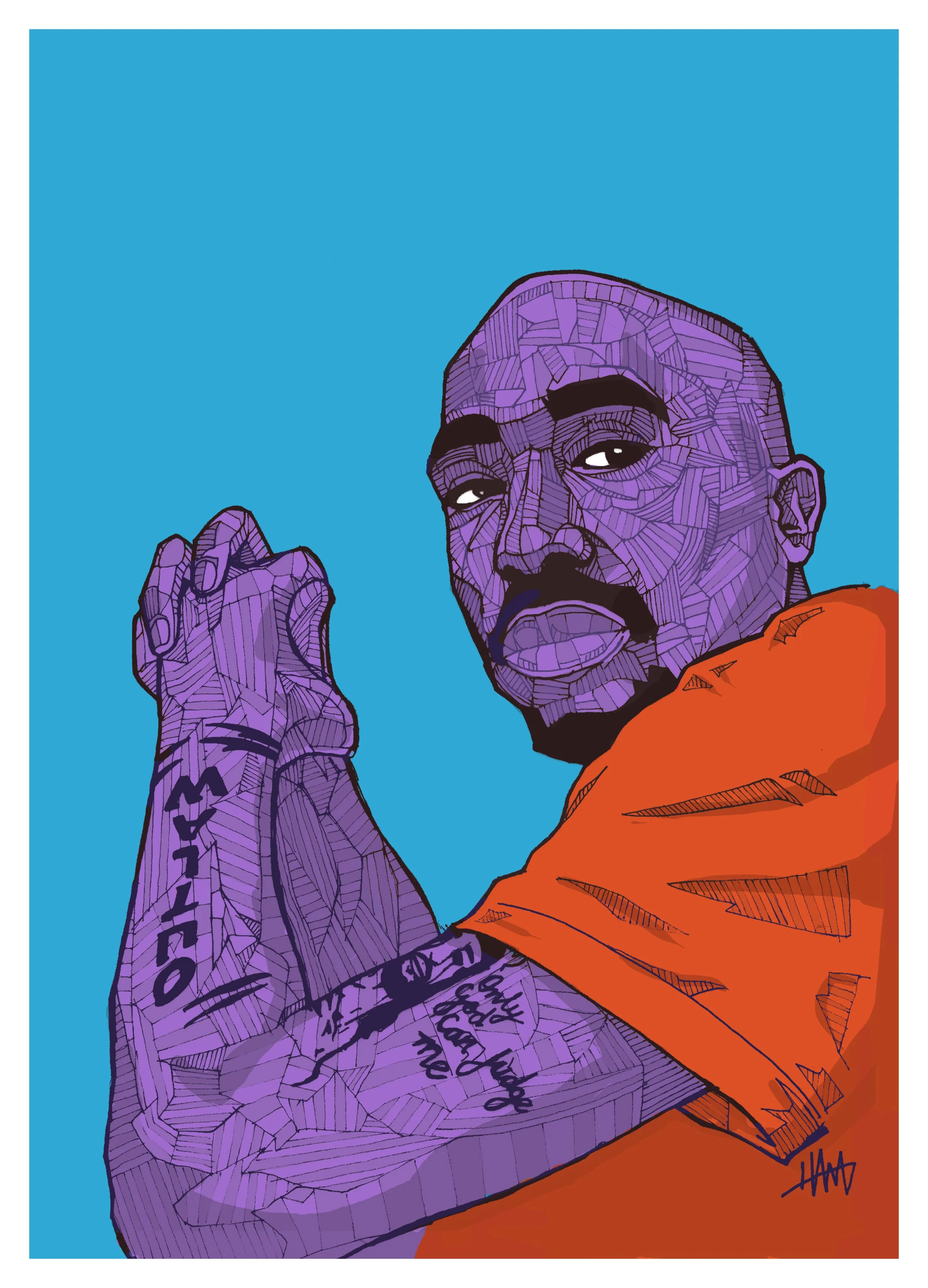 Abstract illustration of a man with crossed hands, wearing an orange shirt, on a blue background.