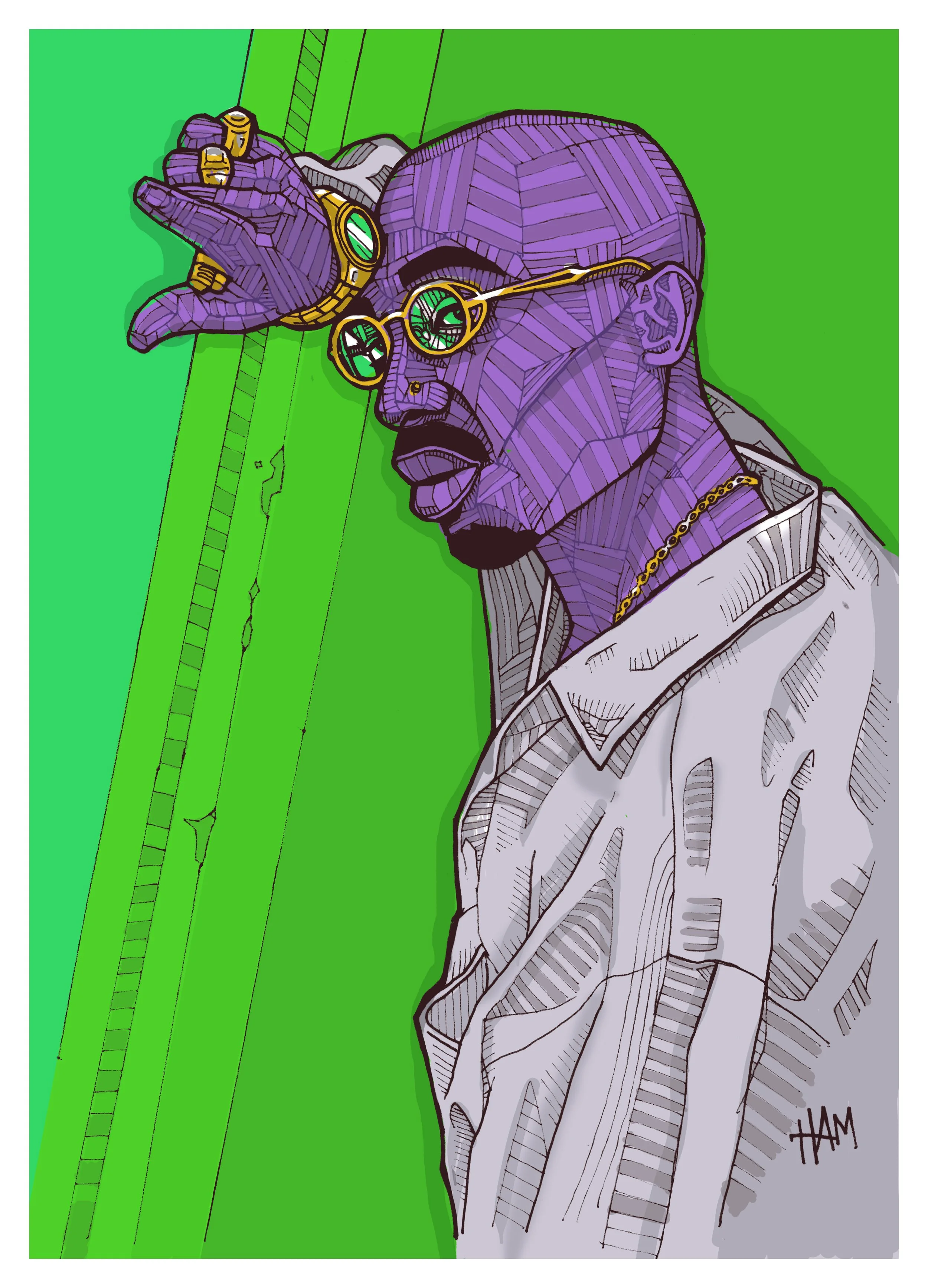 Art illustration of a purple-skinned man wearing glasses and jewelry, set against a green background.