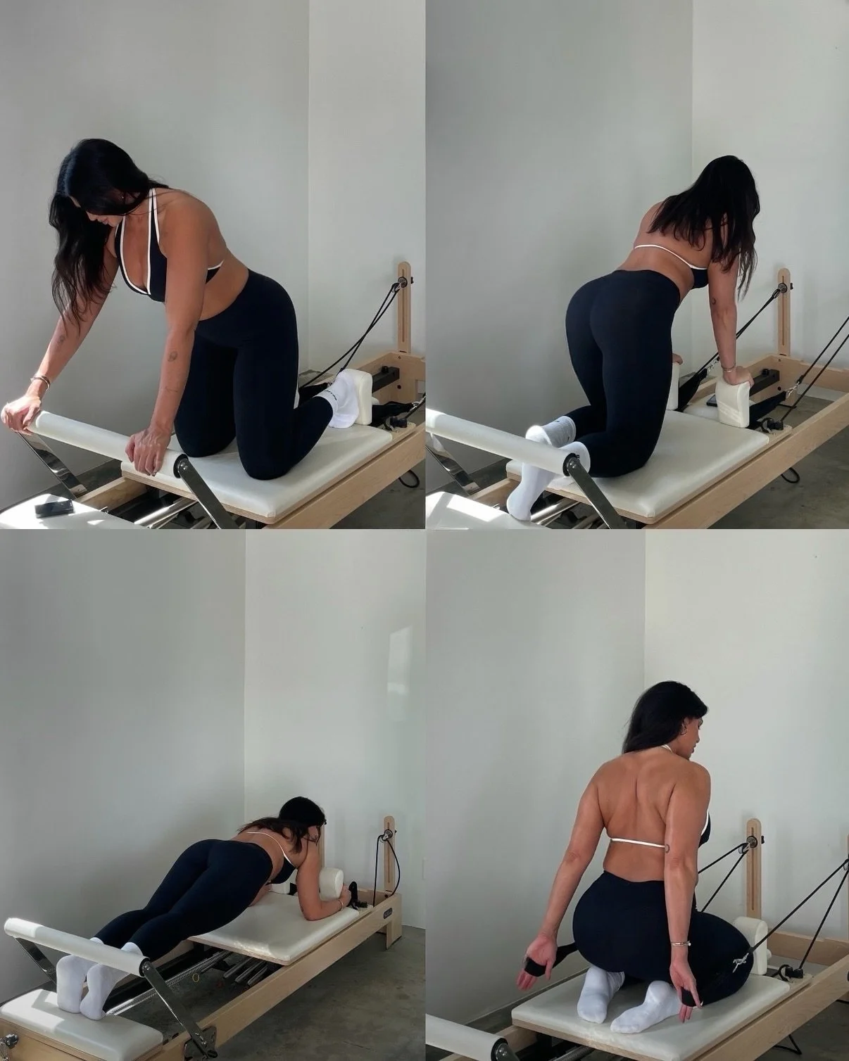Sequence of women performing Pilates exercises on a reformer machine in a minimalistic room.