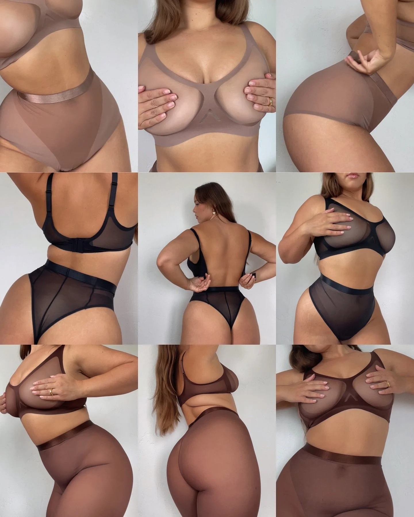 Collage of photos of a woman in various poses wearing sheer, brown, and black lingerie, including a bra and high-waisted panties, against a plain white wall background.