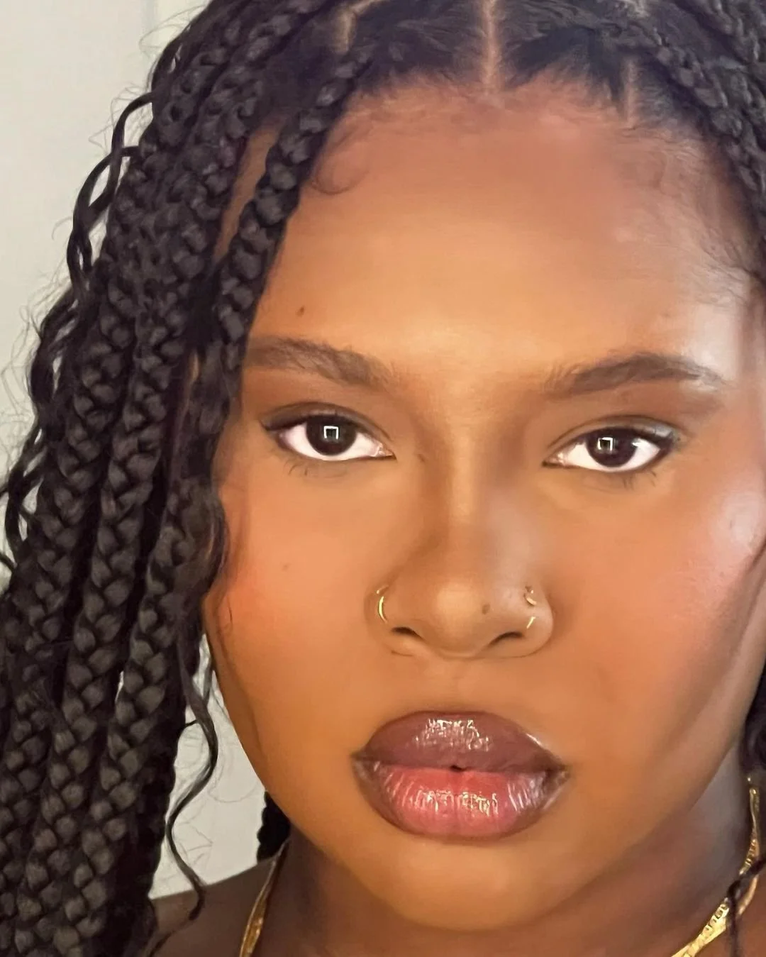 Close-up of a woman with braids, gold nose jewelry, and shiny lips looking directly at the camera.