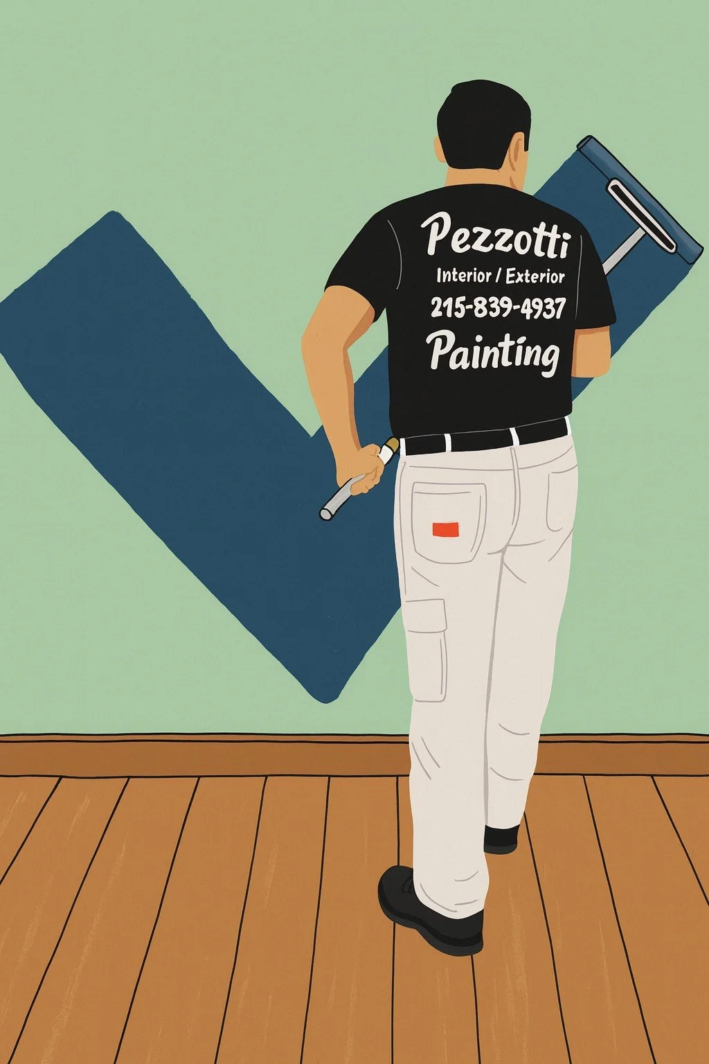 An illustration of a painter viewed from behind, holding a paint roller in his right hand and a paint tray in his left. He is wearing a black t-shirt and white pants. The t-shirt has the text 'Pezzotti Interior / Exterior Painting' and a phone number printed on the back.