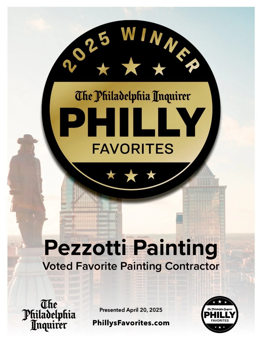 A certificate or award badge from The Philadelphia Inquirer, recognizing Pezzotti Painting as a 2025 winner for Philly Favorites, with a background of a city skyline and a statue.