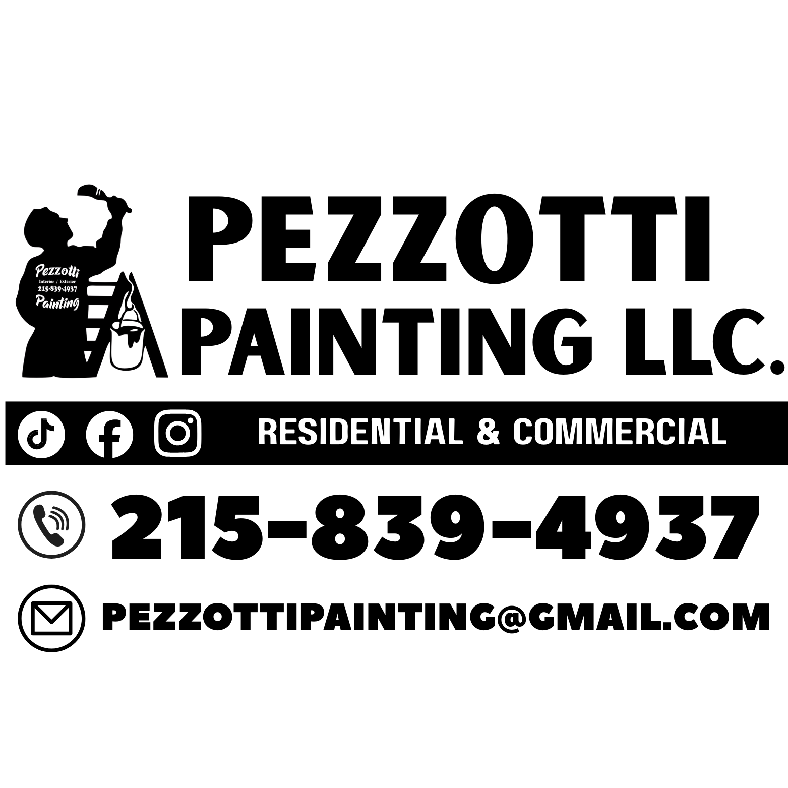 Business card for Pezzotti Painting LLC, featuring logo of painter with paintbrush, contact information including phone number and email, and social media icons for TikTok, Facebook, and Instagram, indicating residential and commercial painting services.