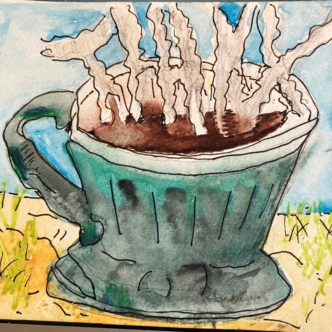 A sweet and delightful watercolor and ink that singer/songwriter Diane Ponzio made of one of my cups. I love it. Her drawing expresses so much the character and liveliness I hope my work brings with its use and enjoyment. 5&rdquo;x7&rdquo; 2010. Made