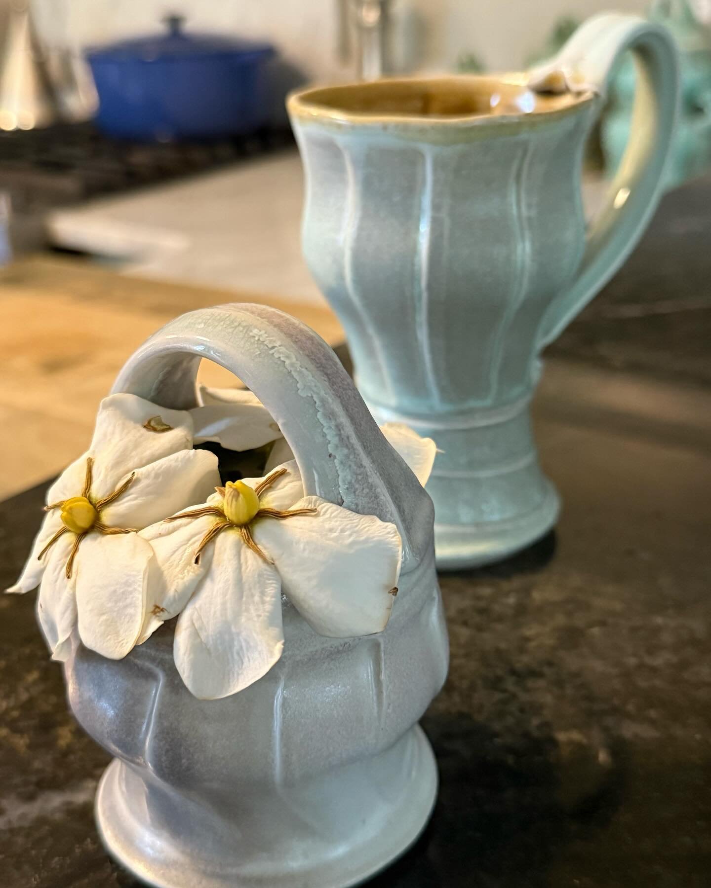 My neighbors have supported my work for many years. Here&rsquo;s a wee basket that is filled with gardenias from her Beaufort garden. Plus a mug. These pots found a good home! Thank you!!!
#sodafiredpottery #singlefiredpottery #singlefiredporcelain #