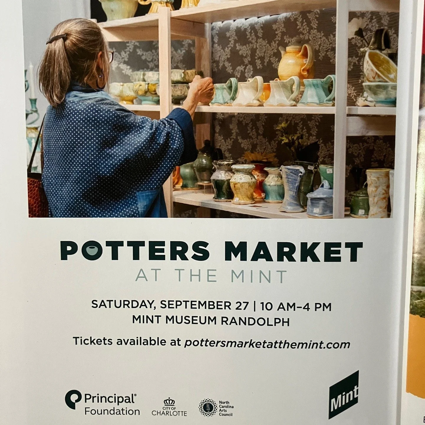 A pic of my friend!!! looking at my pottery @pottersmarketatthemint (probably taken last year)! This was in Penland's Benefit Auction Catalogue #penlandshool this year. I hope to visit with MANY friends this year! #sodafiredporcelain #pottersmarketat