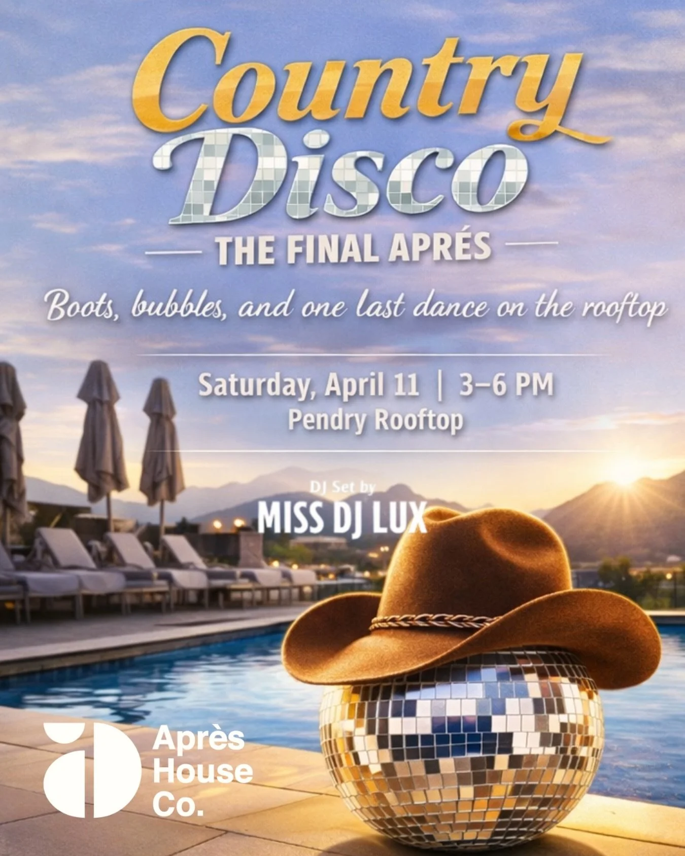 April 11th! We&rsquo;re closing out the season the only way we know how&mdash;sunshine, music, and a dance floor that doesn&rsquo;t quit.

Country meets disco for one final rooftop session.
Rhinestones encouraged. Boots optional. Energy required.

No