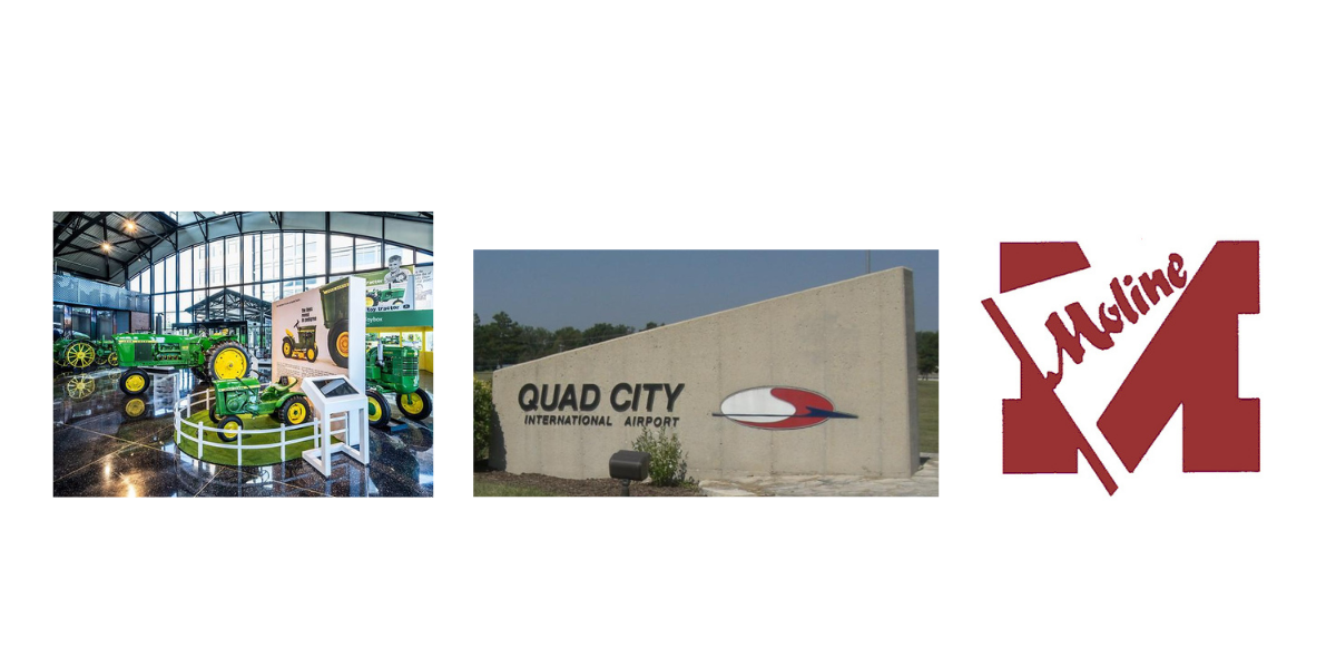 Local landmarks around AmeriFile Tax to show driving distances to AmeriFile office. Display of green John Deere tractors in a museum, the entrance sign for Quad City International Airport, and a red and white logo for a machine shop or store.
