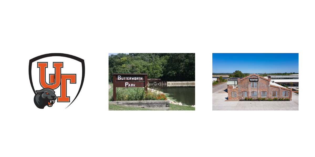 Uptown Panther logo, Butterworth Park entrance sign with water feature, The Rusty Bucket building