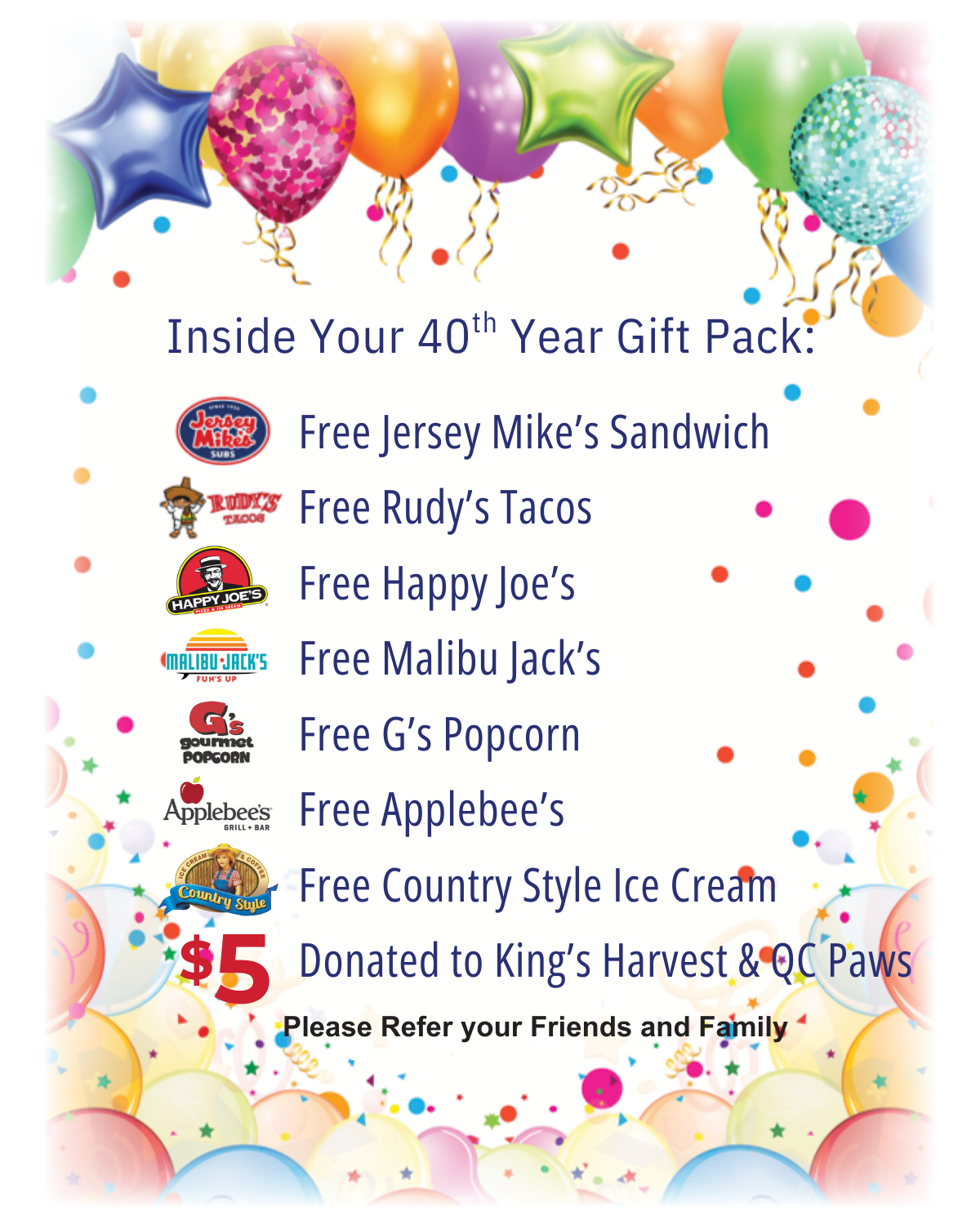 Celebration poster with colorful balloons and confetti, listing free and donation items for a 40th birthday gift pack, including free food items from Jersey Mike's, Rudy's, Happy Joe's, Malibu Jack's, G's Popcorn, Applebee's, Country Style Ice Cream, and a $5 donation to King's Harvest & QC Paws.