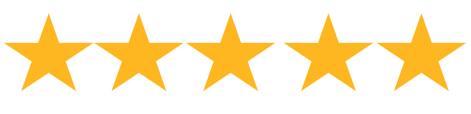 Five gold stars arranged in a row, used as a five-star review rating system.