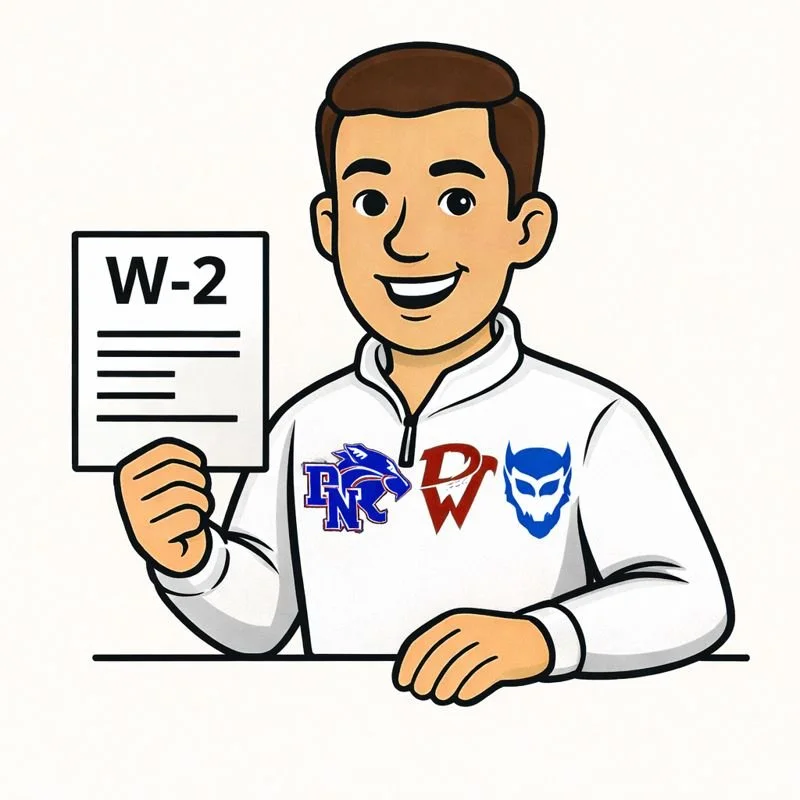 Davenport Amerifile mascot cartoon man holding a W-2 tax form, wearing a white jacket with sports team logos.
