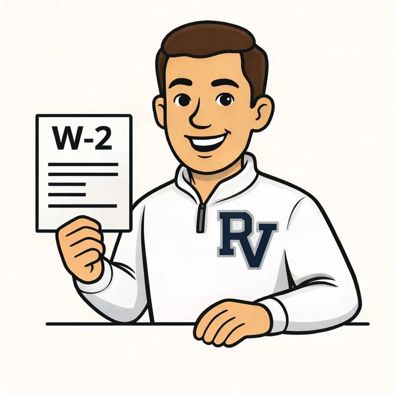 AmeriFile Tax pleasant valley mascot. Cartoon man smiling, holding a W-2 tax form, wearing a white jacket with 'RV' logo.