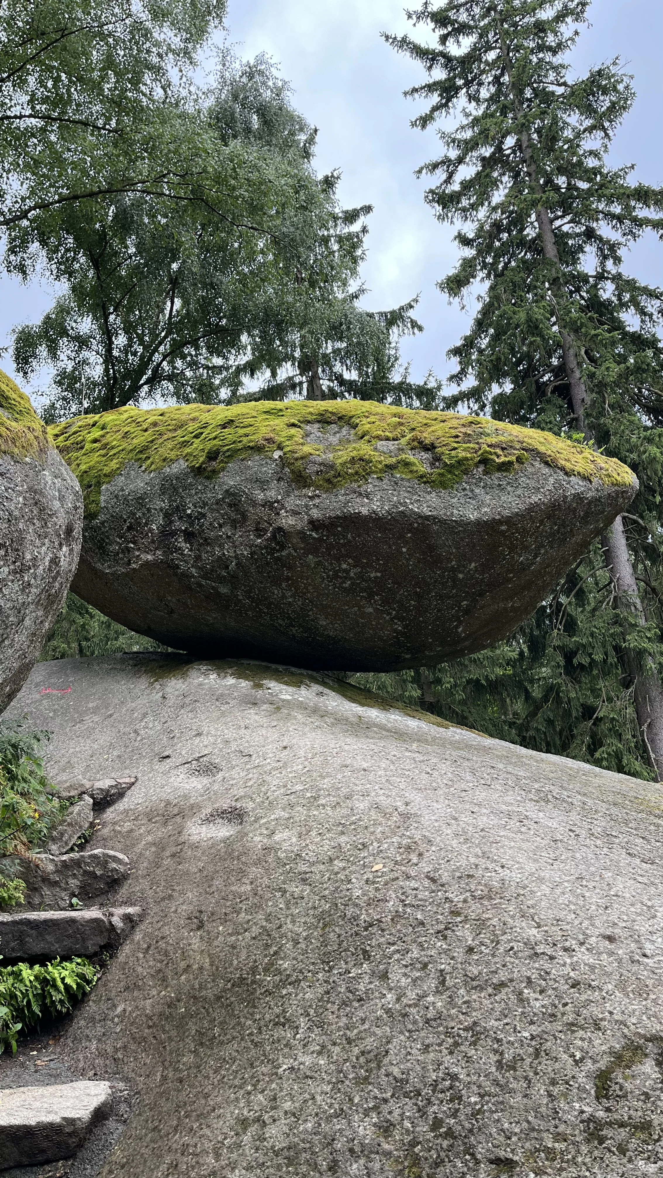 Large flat rock with a moss-covered boulder balanced on top, surrounded by pine trees and steps.