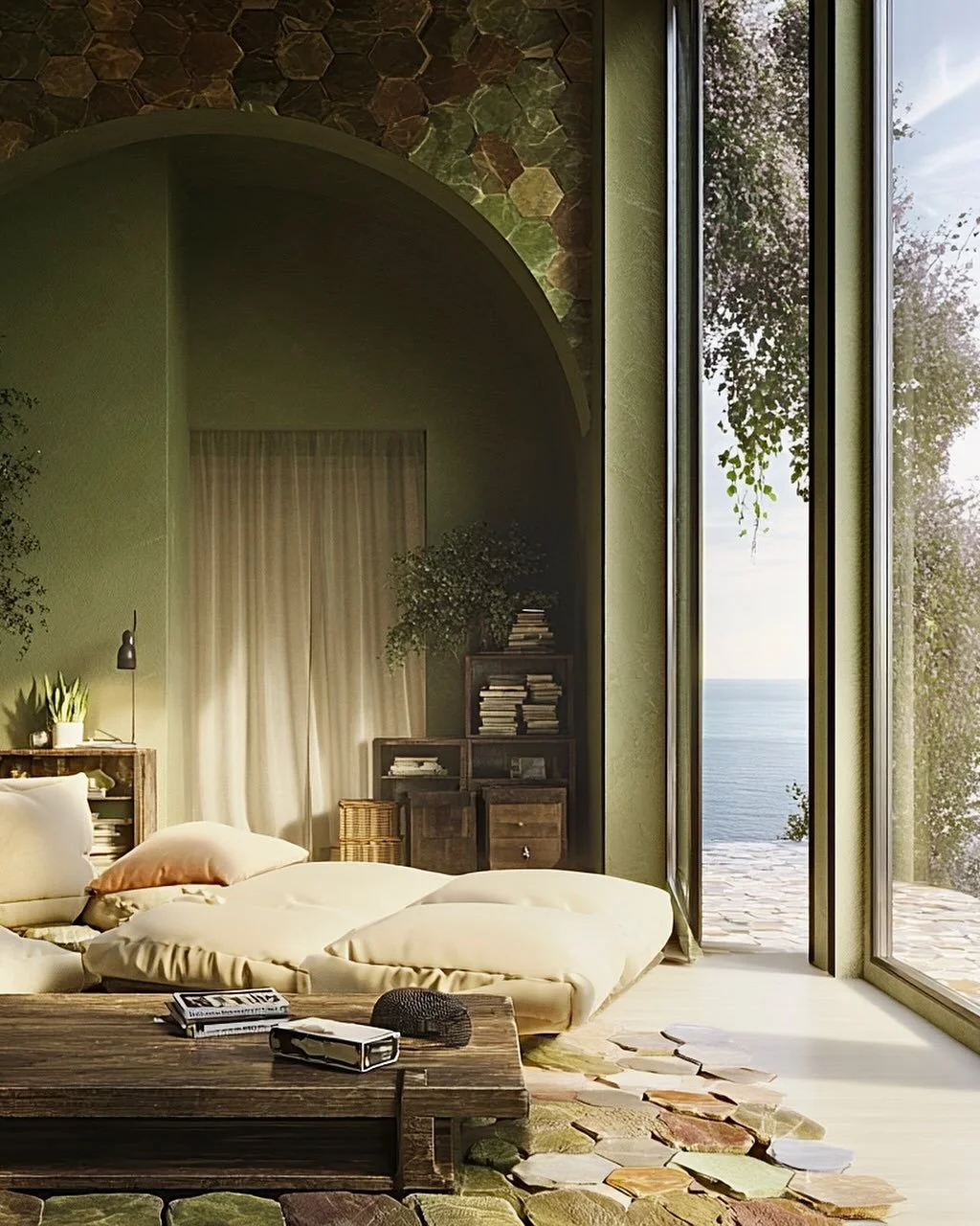 #olivgr&uuml;n #atthesea #interiordesign #green #midjourney #ai #olivegreen #indooroutdoorliving #gr&uuml;n #k&uuml;nstlicheintelligenz #olivegreenstudio #almey