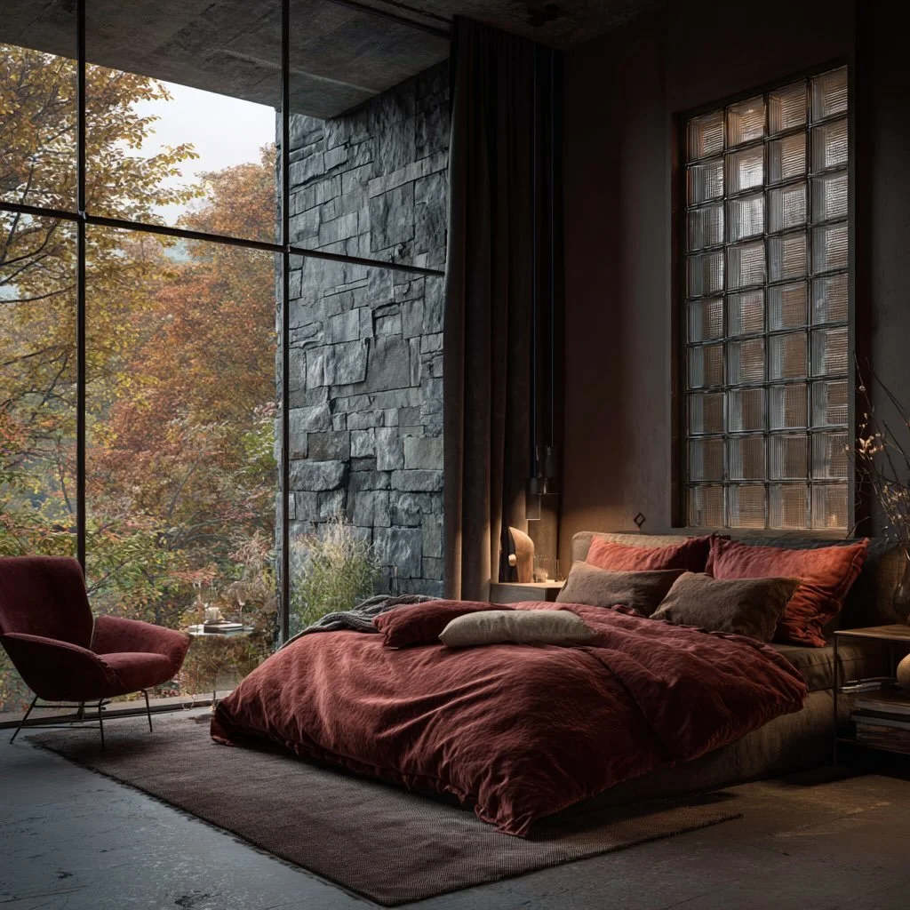 #gloomy #bedroominspo #rustred #interiordesign #rostrot #midjourney #lateautumn #ai #rustredstudio #glassblock #k&uuml;nstlicheintelligenz #almey