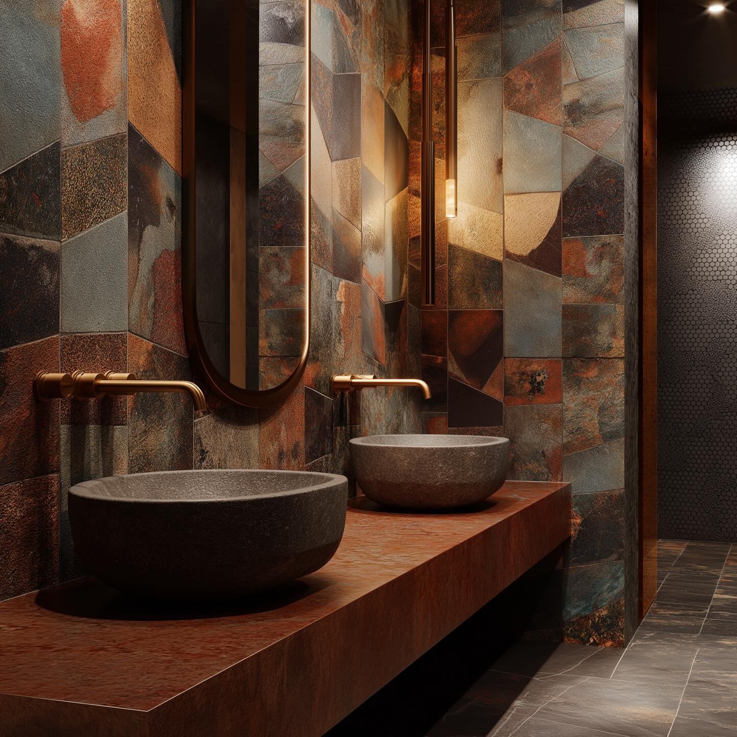 #publicbathroom #rustred #interiordesign #rostrot #midjourney #ai #rustredstudio #tiles #stone #k&uuml;nstlicheintelligenz #almey