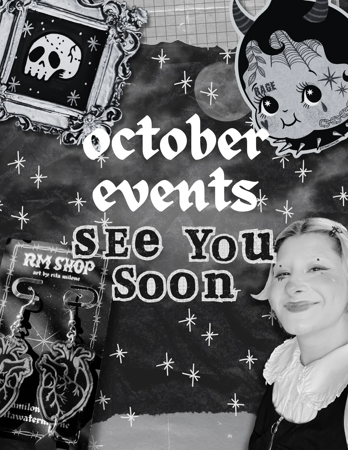✶⋆.˚ 𝖔𝖈𝖙𝖔𝖛𝖊𝖗 𝖊𝖛𝖊𝖓𝖙𝖘 ˚.⋆✶
here&rsquo;s where you can find me this spooky season 🕸️

𖤐 FRIDAY 10/3 - @domofirstfridays at 10th &amp; J St. Modesto, CA &bull; 5pm - 9pm

𖤐 SUNDAY 10/5 - @hotgothgfradio Black Cat Market at @elismilehighcl