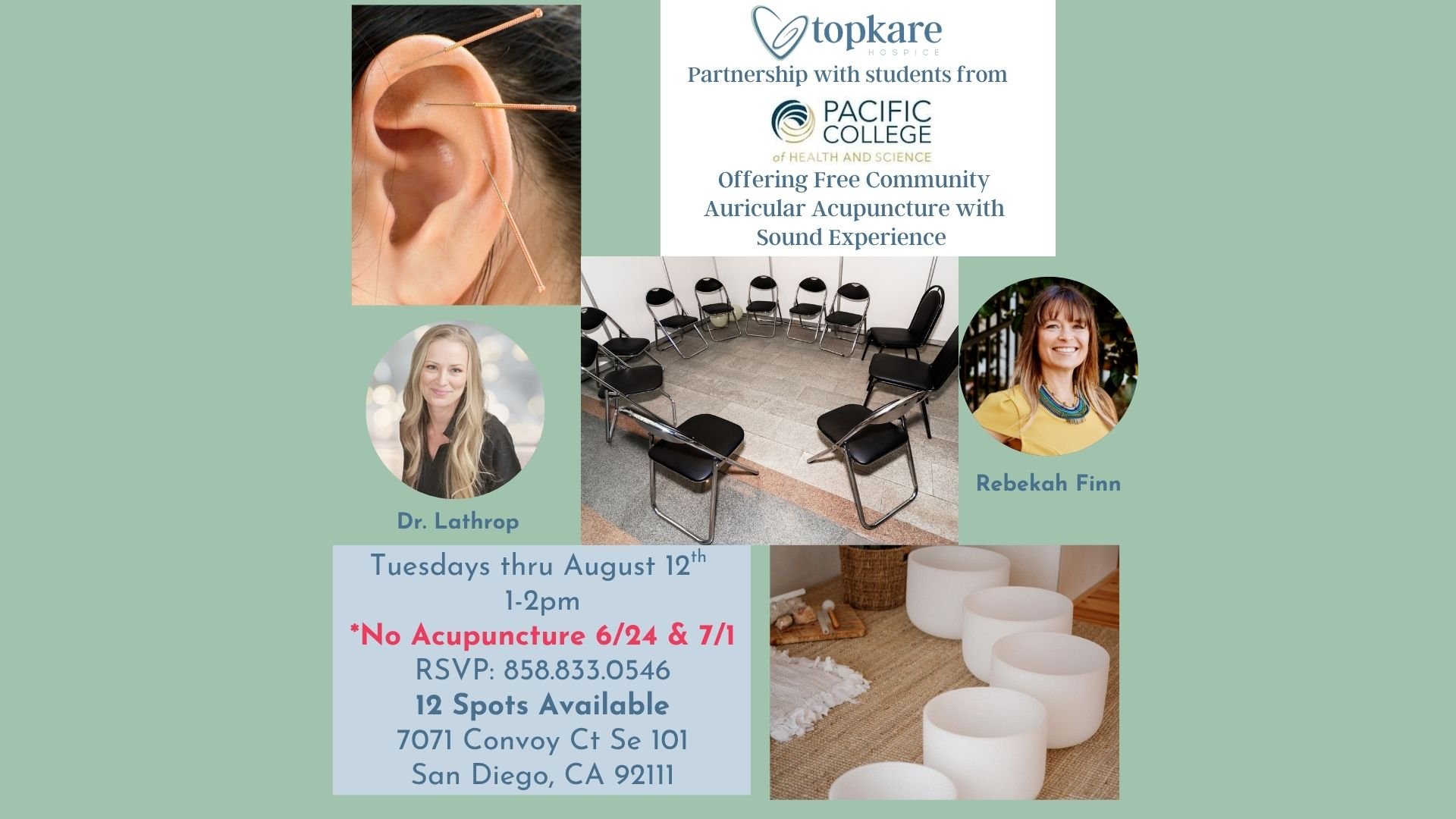 Free Auricular Acupuncture w/Sound Experience for our Bereavement Program. Then if spots are still available open to Community. (12 appointments with chairs set up in a circle)