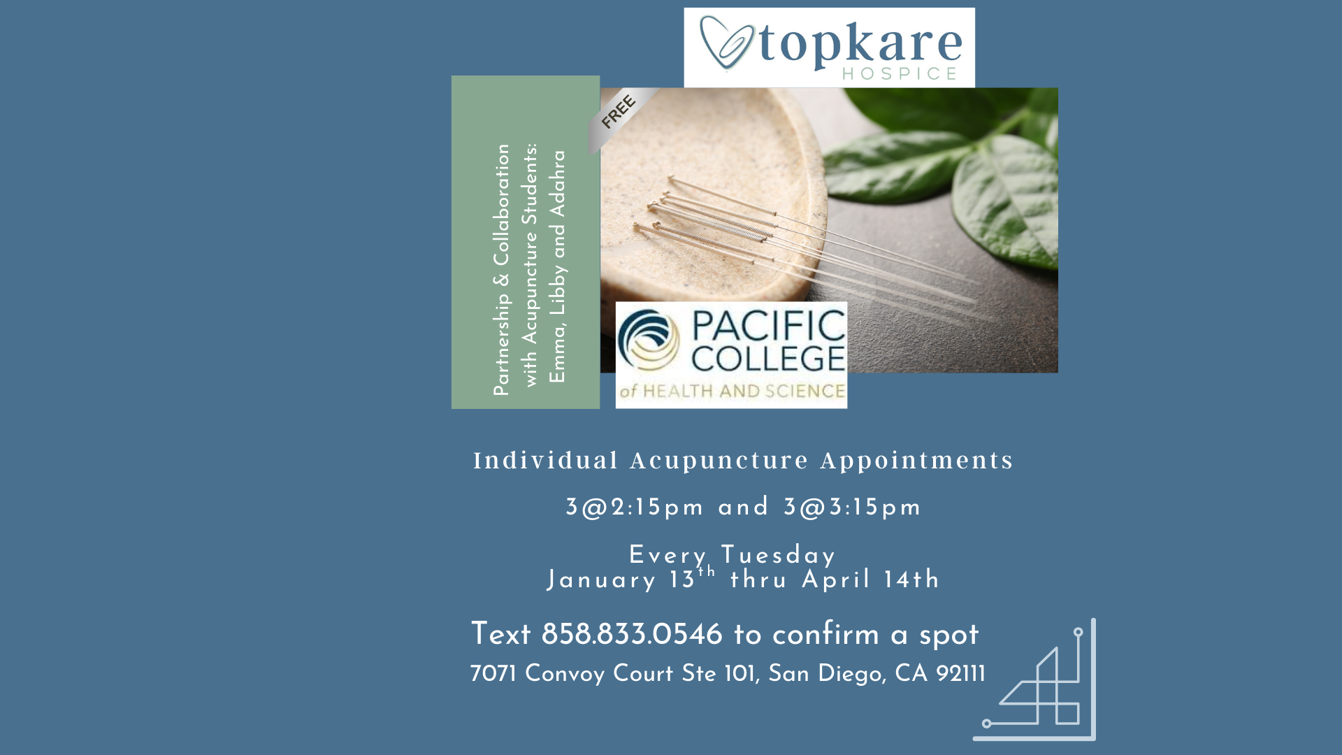 Free Individual Acupuncture *Every Tuesday 3@2:15pm, 3@3:15pm 
