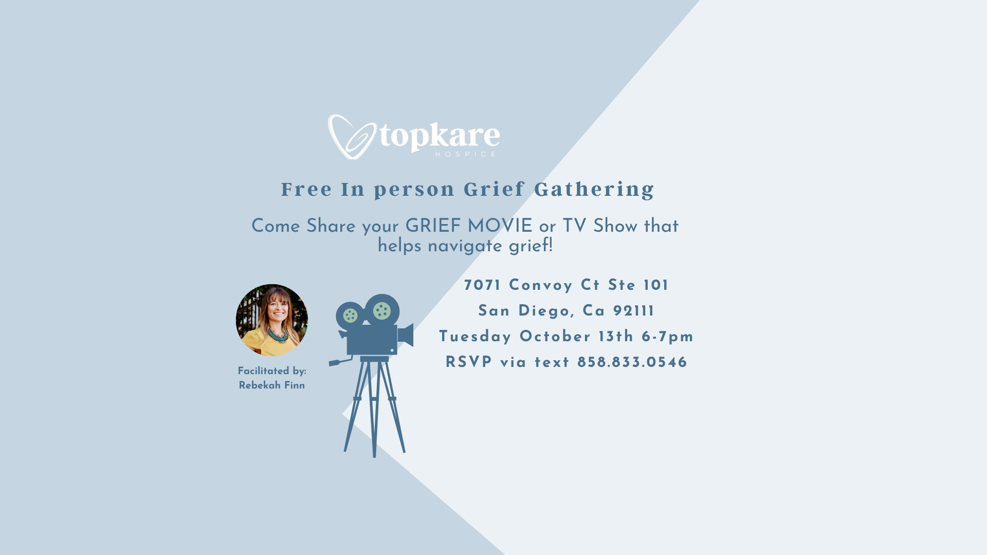 FREE Monthly Community Grief Gathering for October-Come share a grief movie or TV show that helps provide comfort and support when grieving.